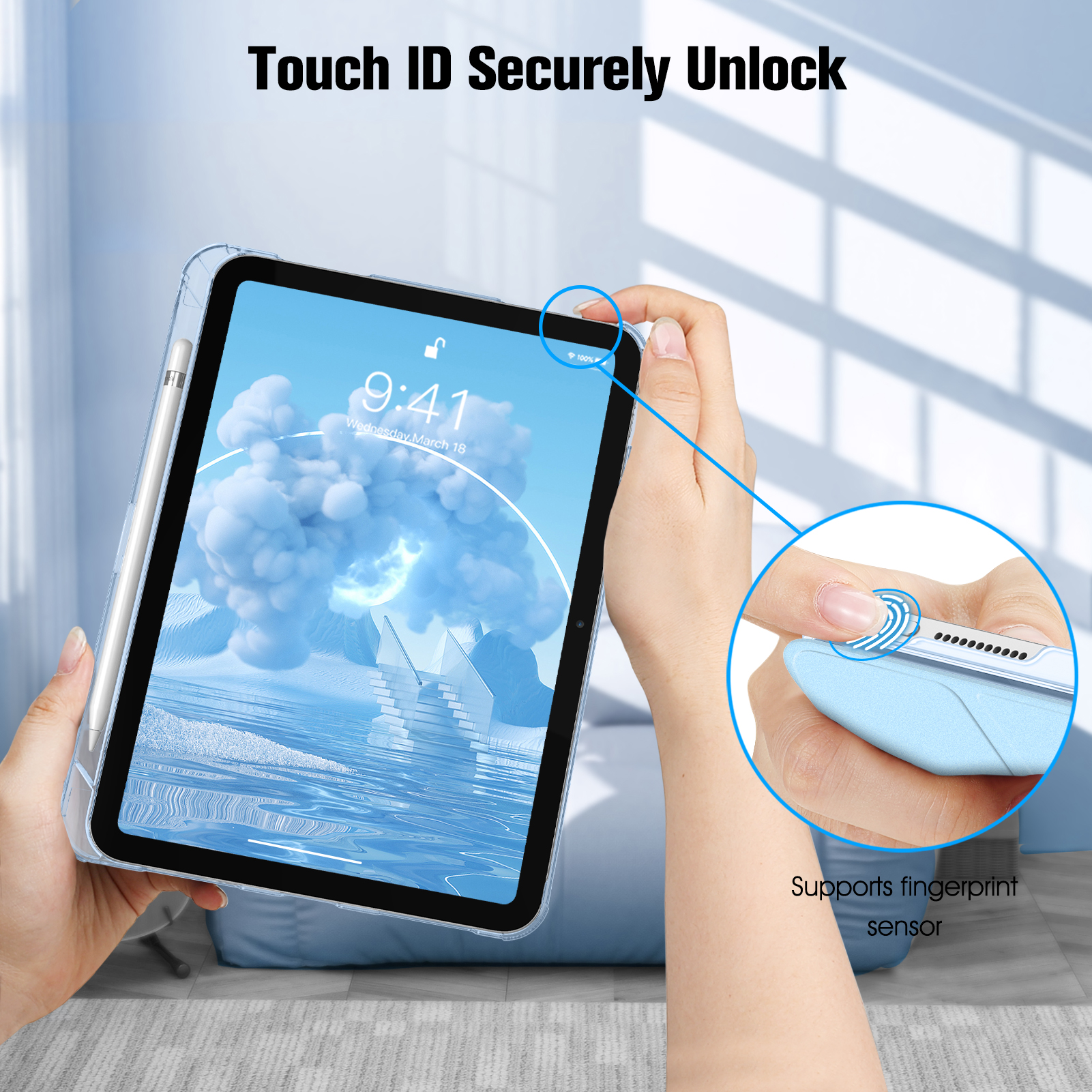 Tablet in einer Hülle. Ein Finger berührt den Bildschirm. Text: Touch ID Securely Unlock.