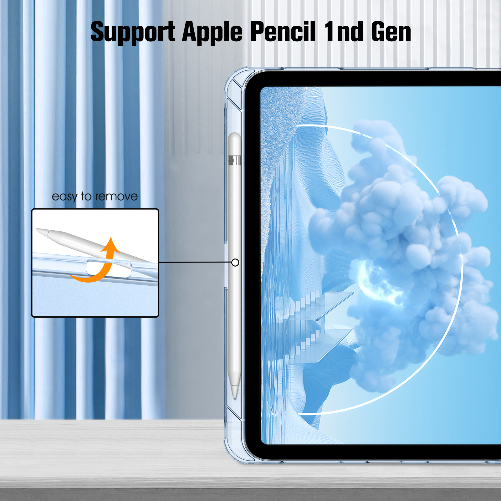 Ein Tablet mit klarer Hülle und Apple Pencil, Text weist auf einfache Entfernung hin.