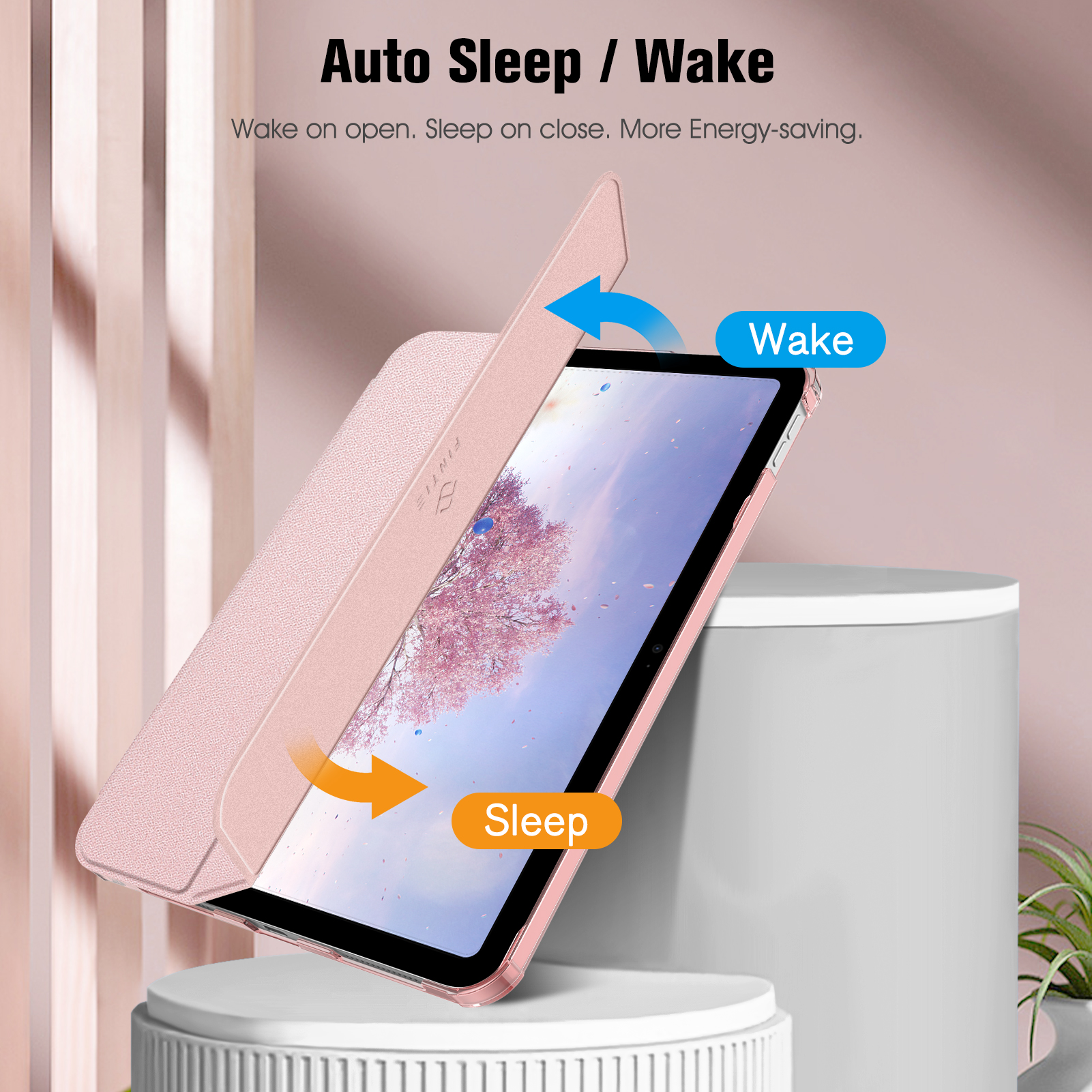Eine pinke Tablet-Hülle mit Tablet. Text über Auto-Sleep/Wake-Funktion.