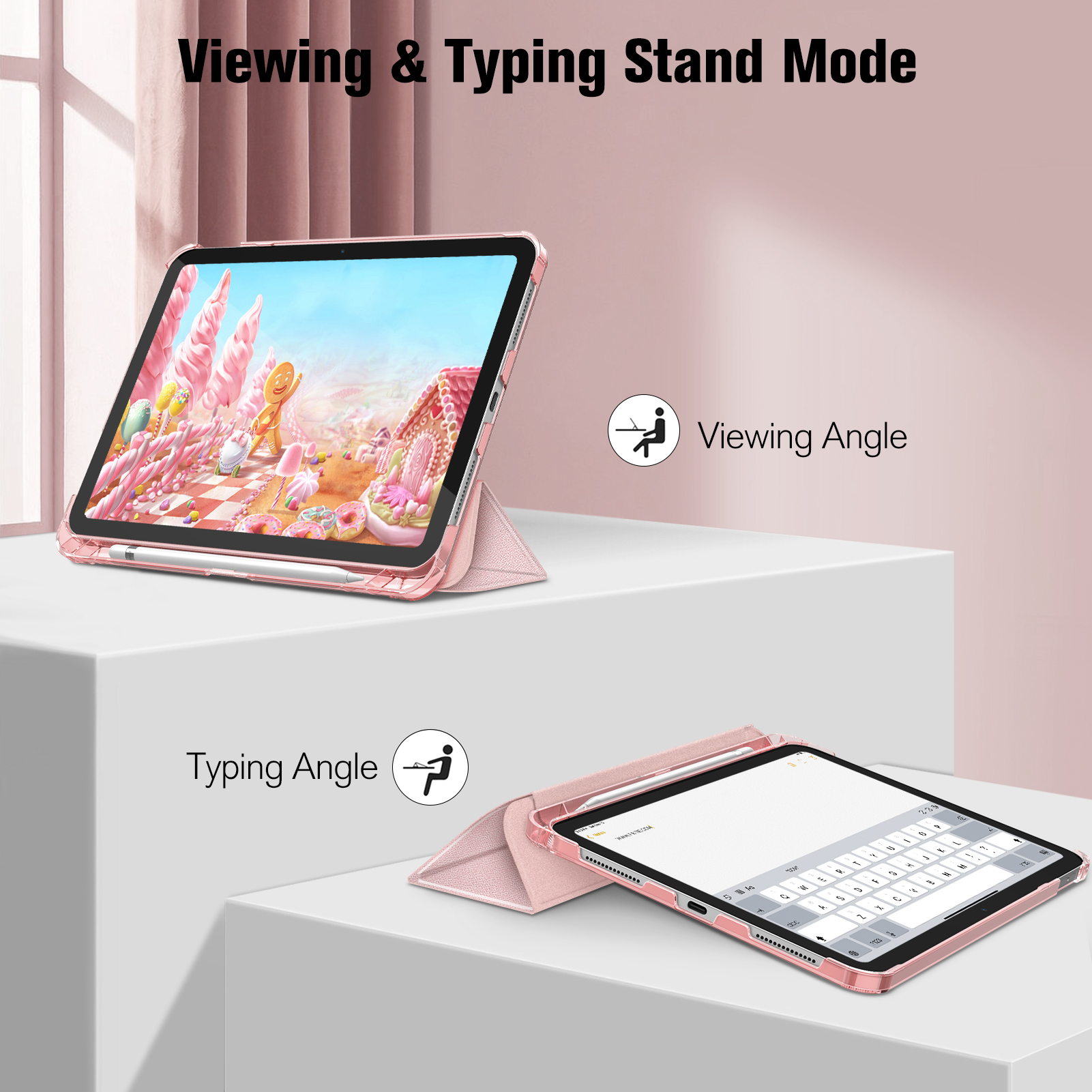 Rosa iPad-Ständer mit iPad, zwei Blickwinkel. Weißer Hintergrund.
