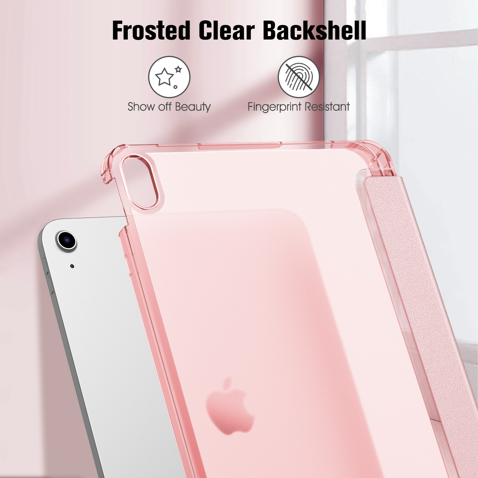 Rosa iPad-Hülle, durchsichtige Rückseite, mit iPad. Text: 'Show off Beauty', 'Fingerprint Resistant'.