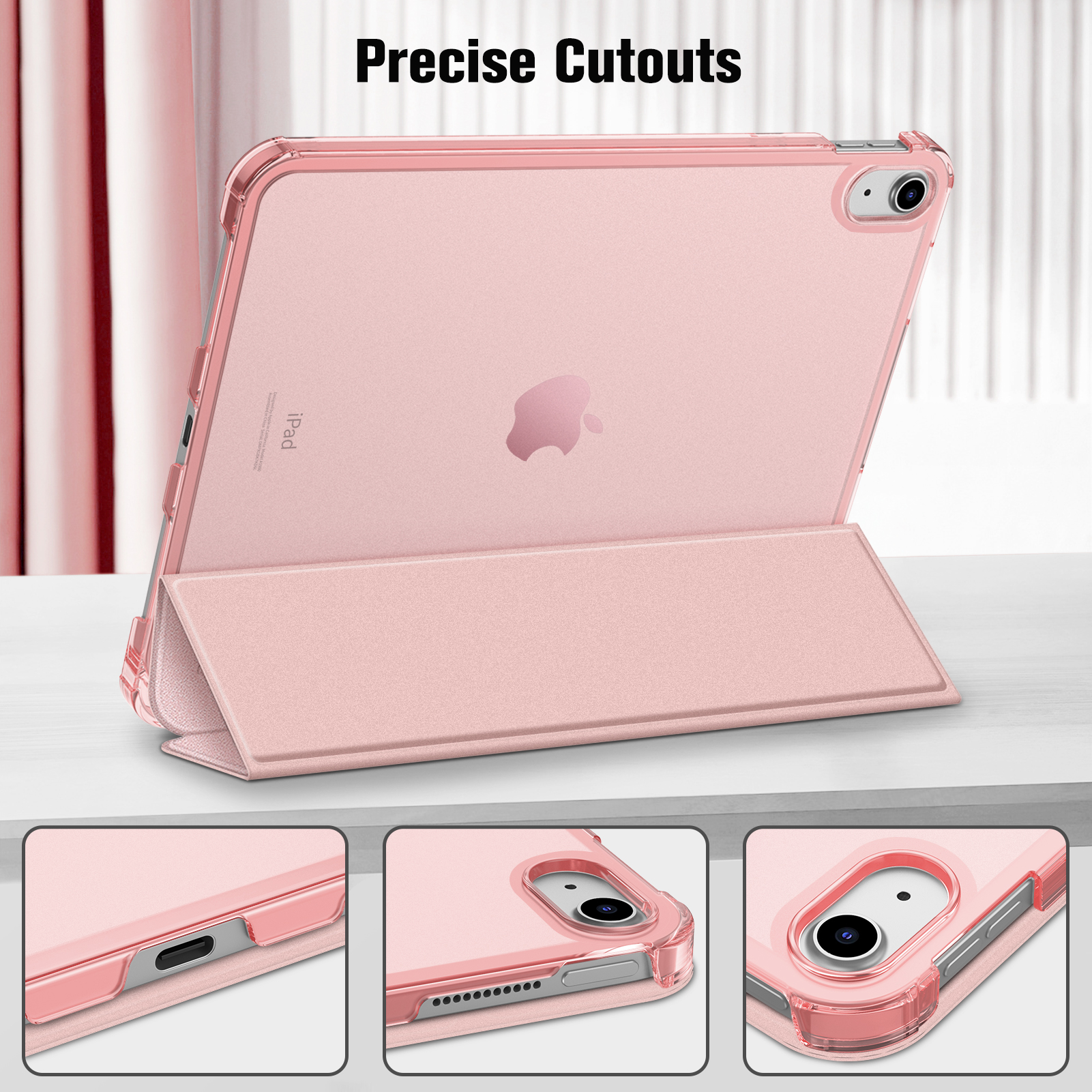 Offenes rosa iPad-Case mit präzisen Aussparungen. Drei Nahaufnahmen zeigen Portdetails.