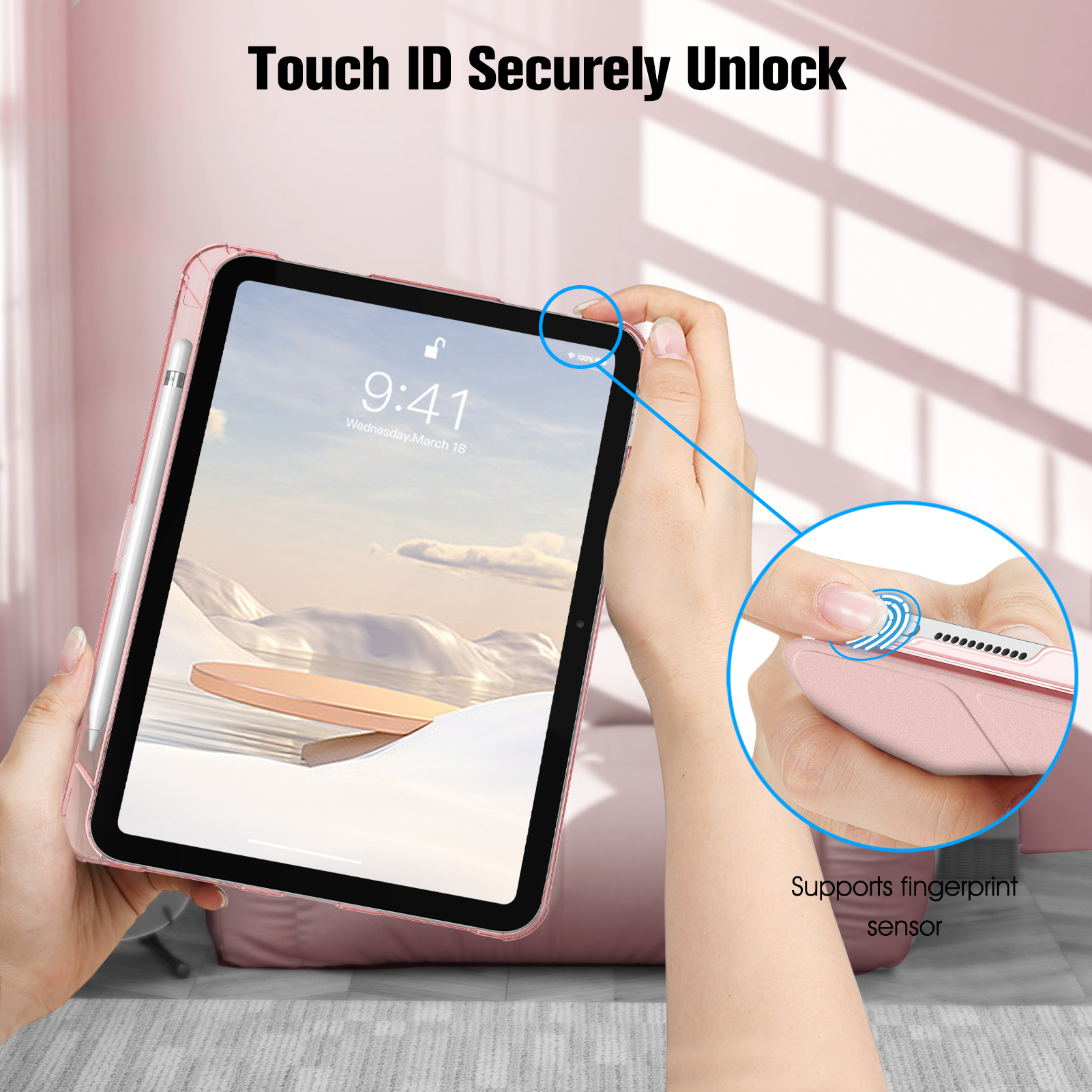 Tablet mit rosa Hülle und Hand, die den Fingerabdrucksensor berührt.