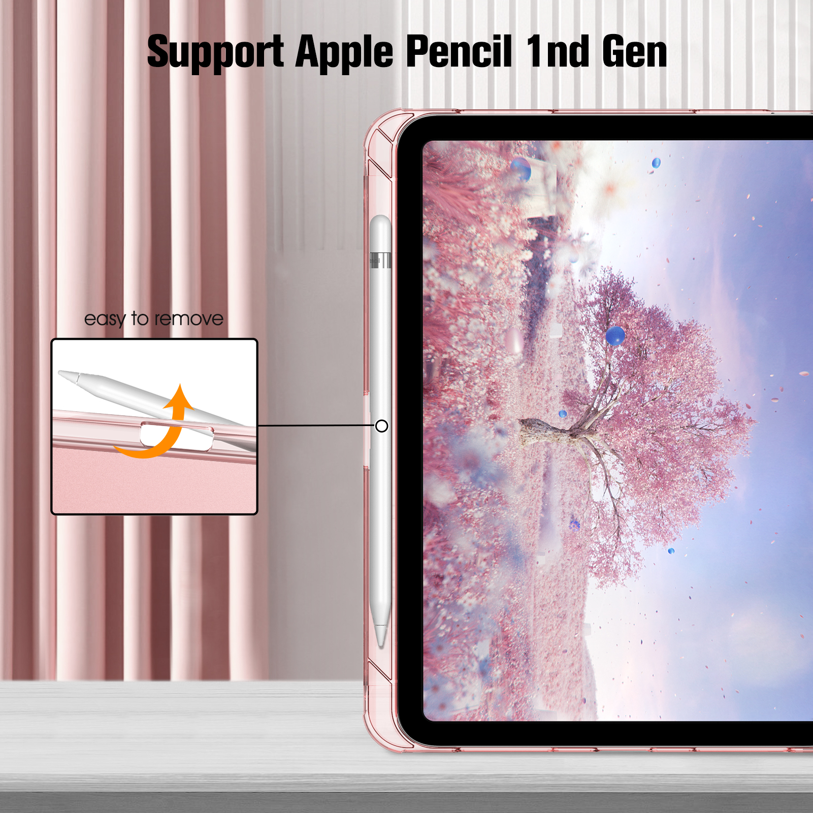 Tablet in pinker Hülle mit Apple Pencil an der Seite. Es unterstützt Apple Pencil 1. Gen.