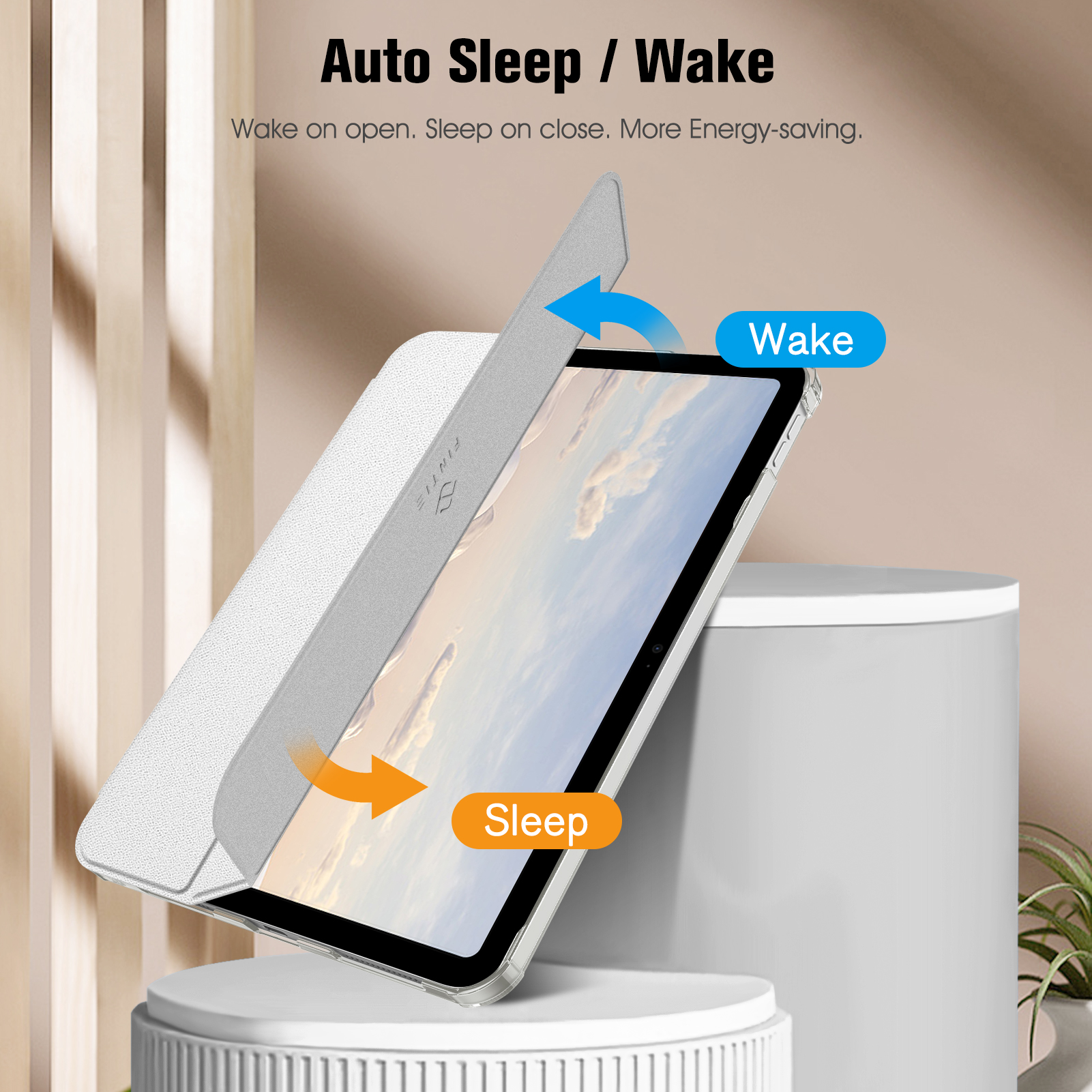 Ein Tablet in einem weißen Gehäuse, das 'Auto Sleep/Wake' anzeigt. Text und Pfeile zeigen die Funktion.