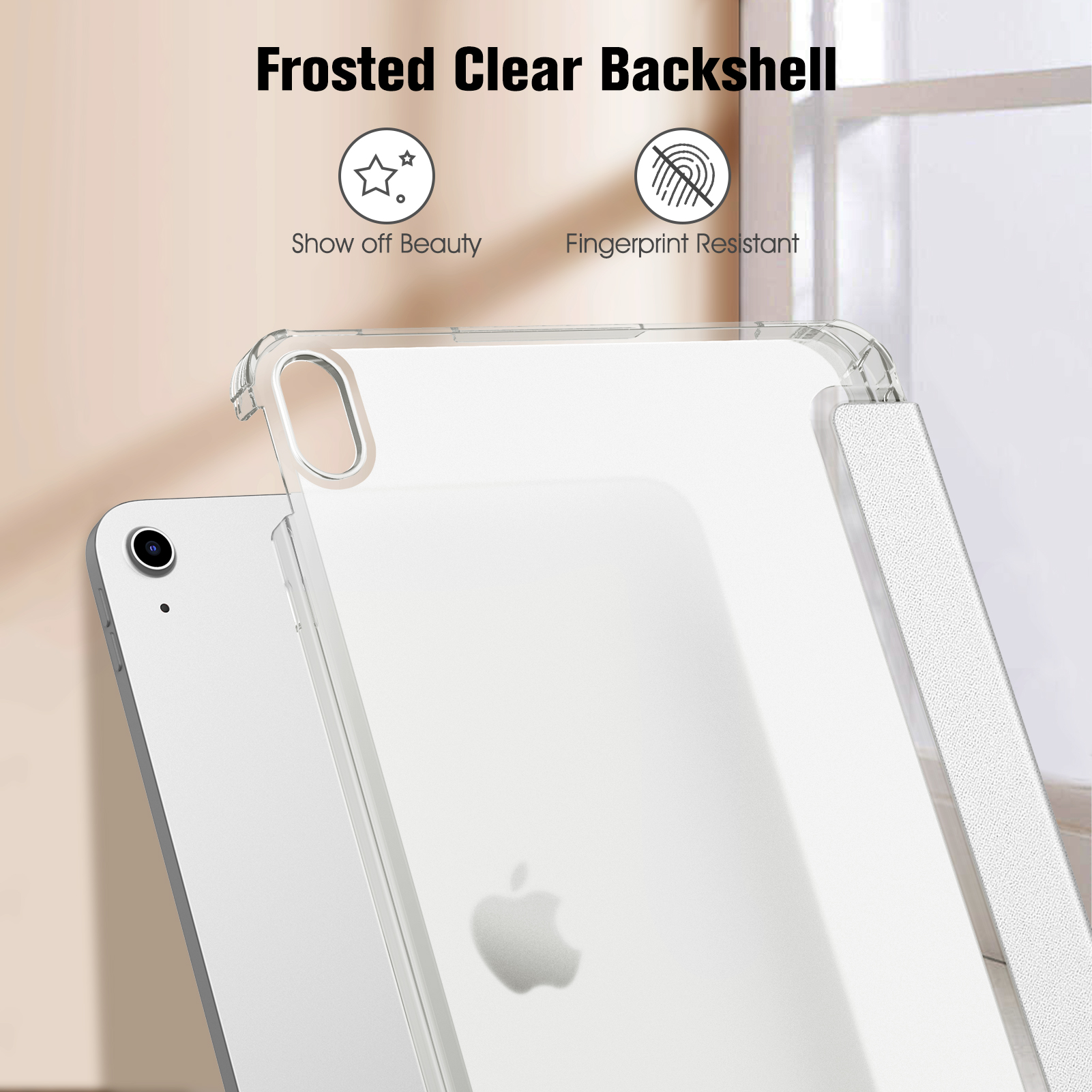 Ein Tablet in einer durchsichtigen Hülle mit Text: "Frosted Clear Backshell".