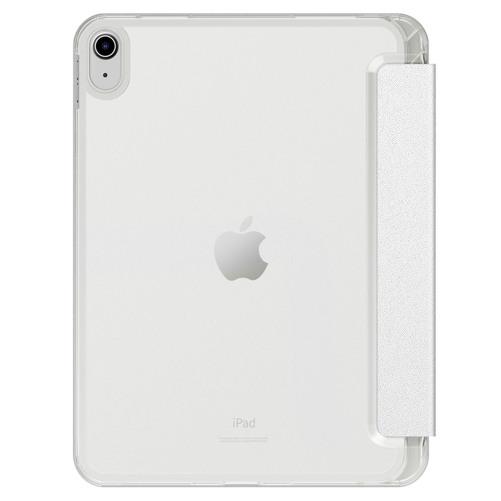Weißes iPad in klarer Hülle, Apple-Logo sichtbar.
