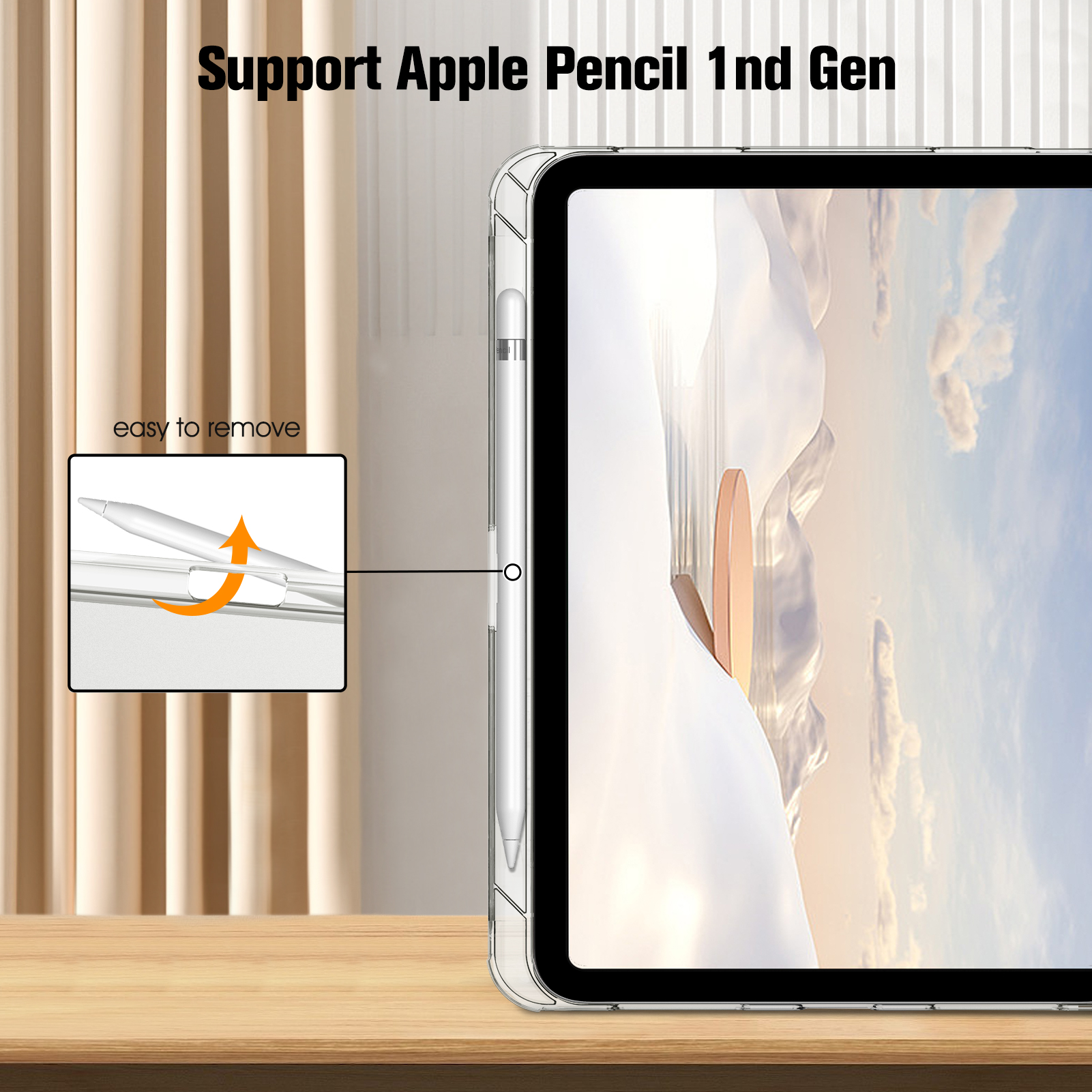 Tablet mit klarer Hülle. Apple Pencil ist abgebildet.