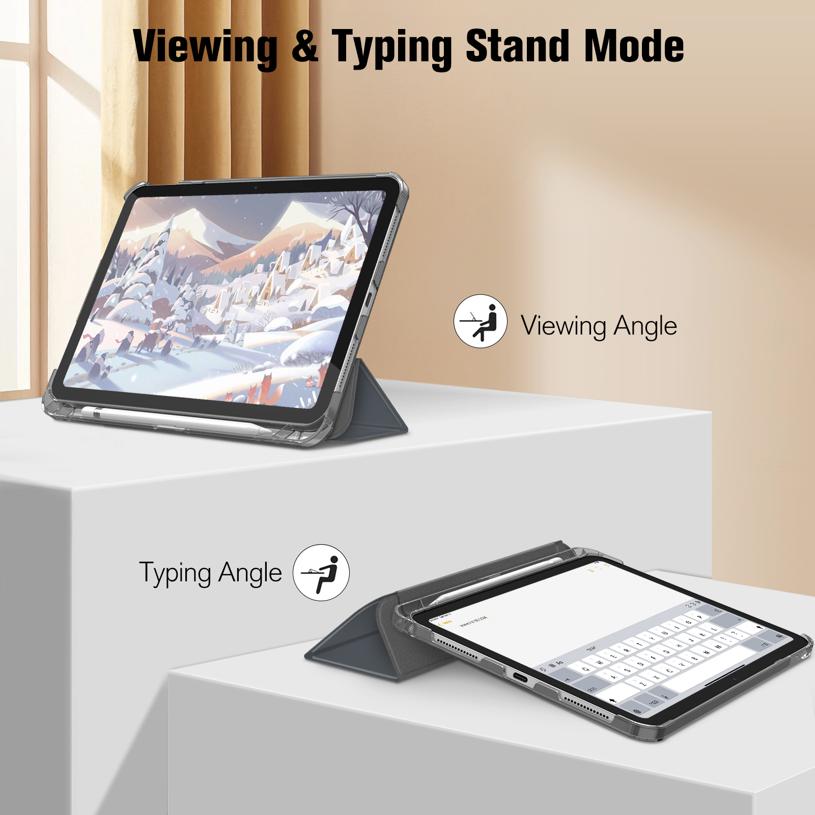Tablet im Gehäuse in zwei Modi, zum Tippen und Anzeigen.
