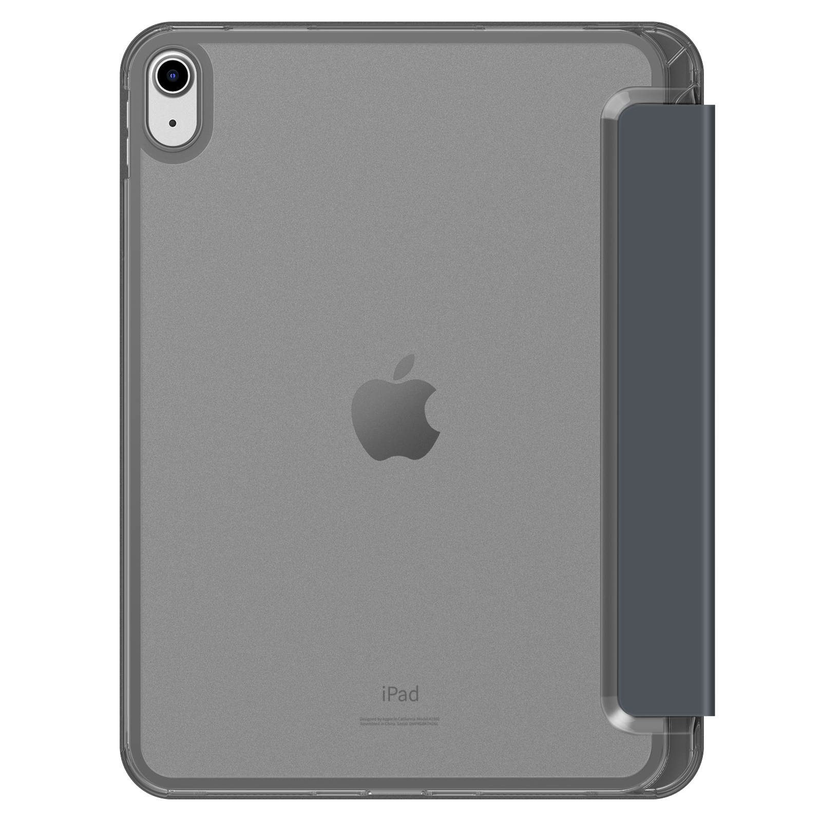Ein Tablet in einer durchsichtigen Hülle mit dunklergrauer Abdeckung. Apple-Logo auf der Rückseite.