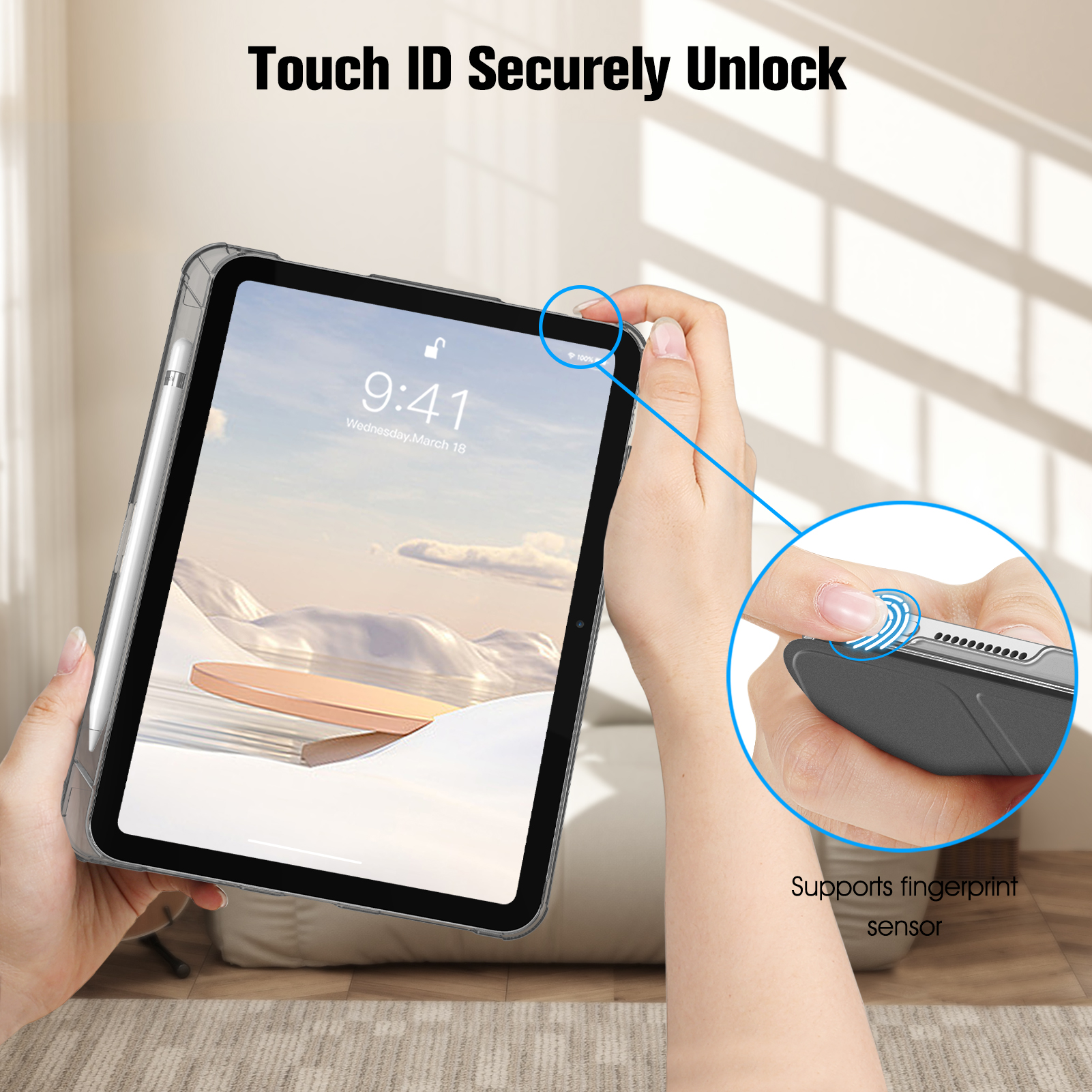 Person hält Tablet mit Hülle. Zeigt Fingerabdrucksensor und Bildschirmanzeige.
