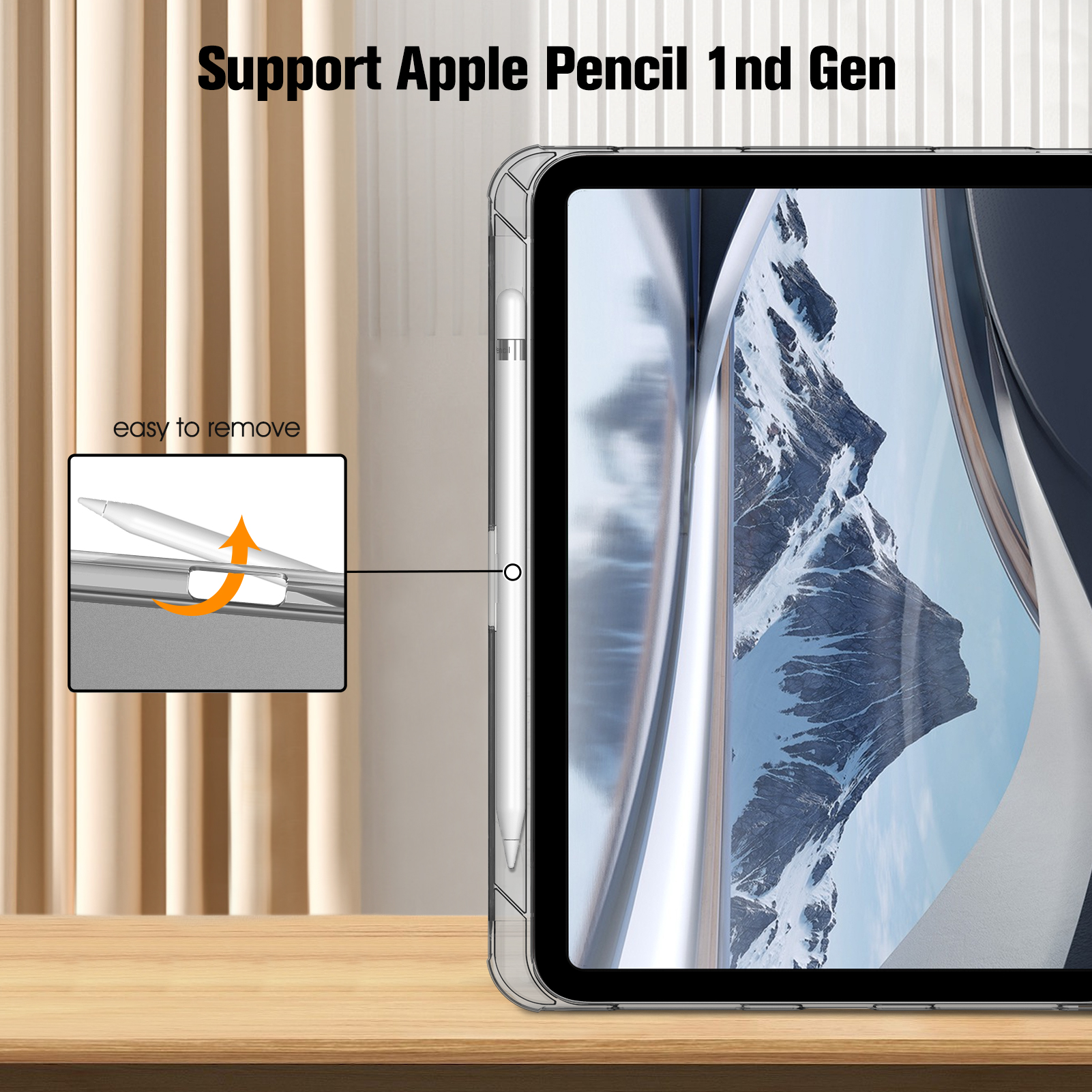iPad-Hülle mit Stift. Die Hülle ist durchsichtig und hat einen Stift daneben.