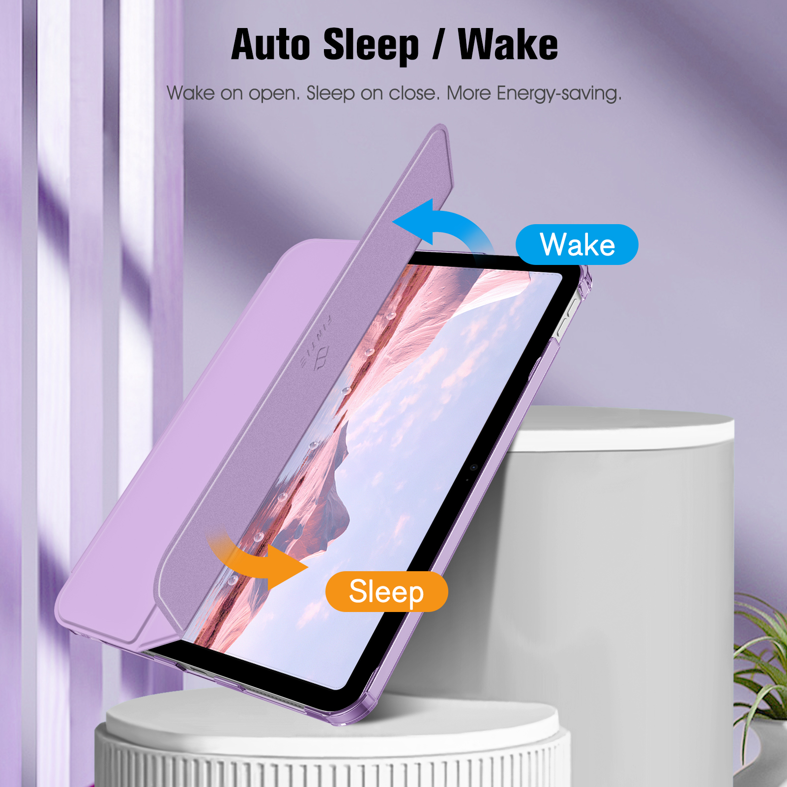 Tablet in lila Hülle. Die Hülle hat eine Abdeckung mit Auto-Sleep/Wake-Funktion.