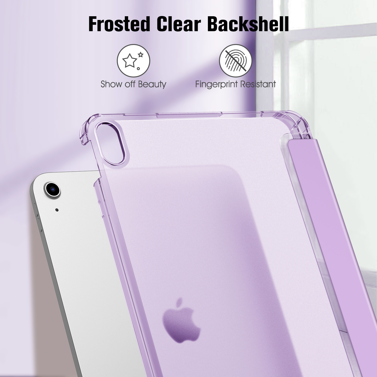 Eine klare Hülle mit Telefon. Die Hülle ist klar mit einem lila Deckel. Text lautet "Frosted Clear Backshell".
