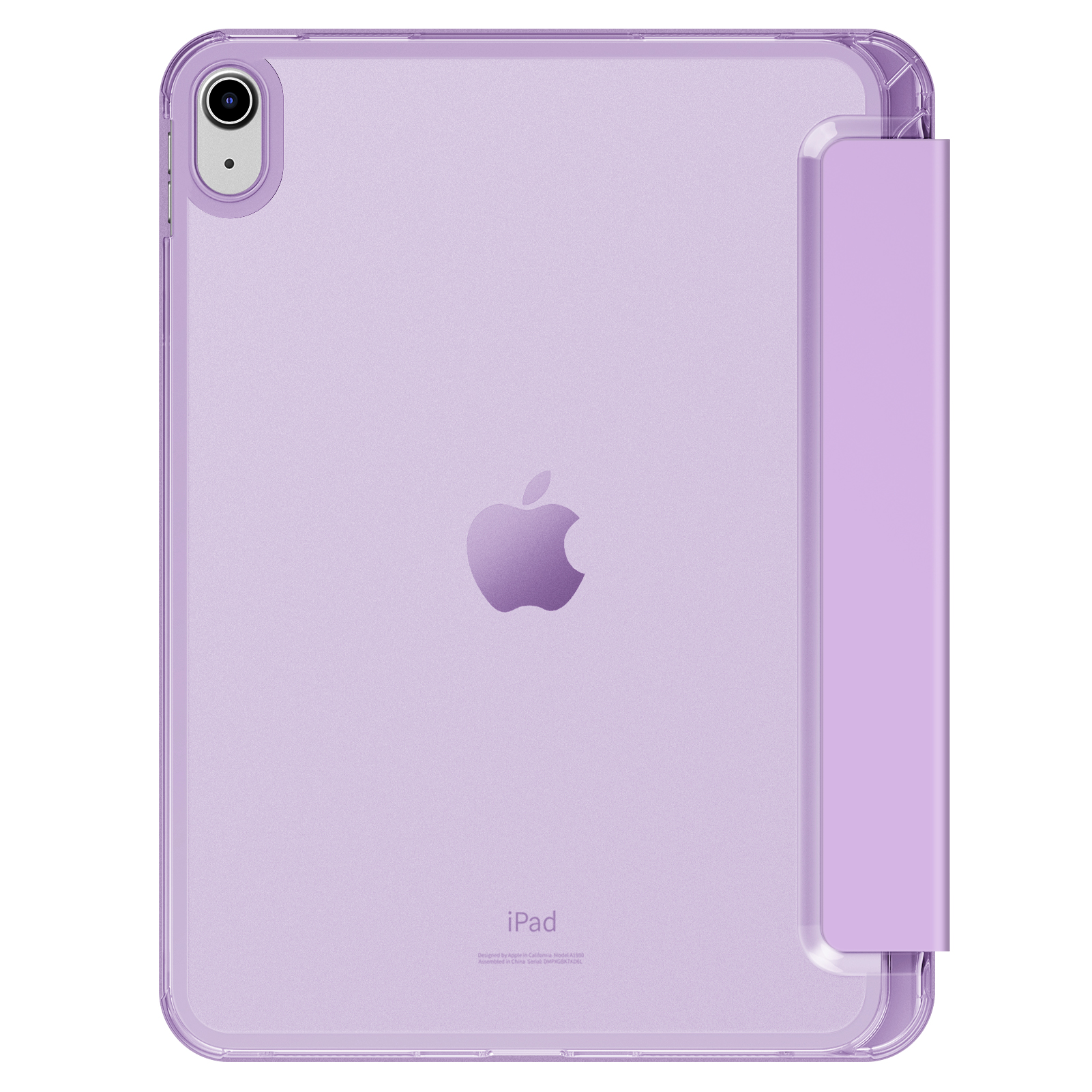 Lila iPad in transparentem Gehäuse mit lila Hülle, Apple-Logo auf der Rückseite sichtbar.