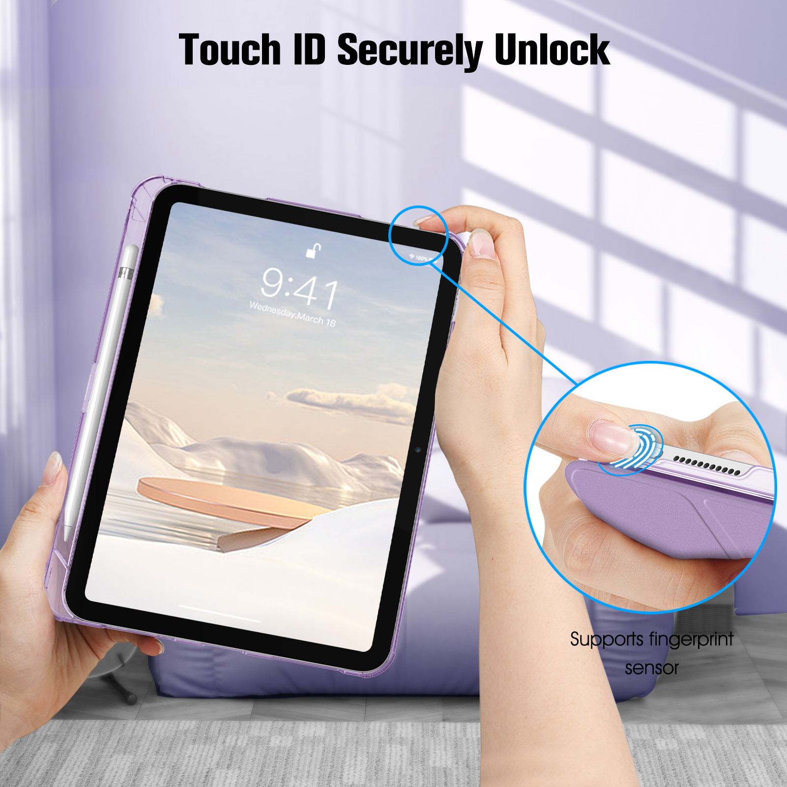 Hände halten ein Tablet. Zeigt Touch ID und einen Fingerabdrucksensor.