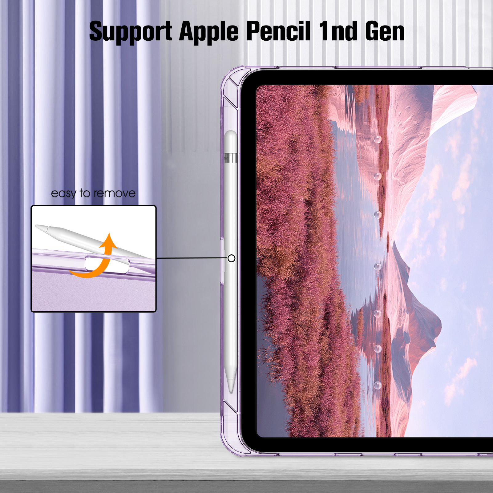 Ein Tablet mit Hülle und Stift, der Text 'Support Apple Pencil 1nd Gen' ist vorhanden.