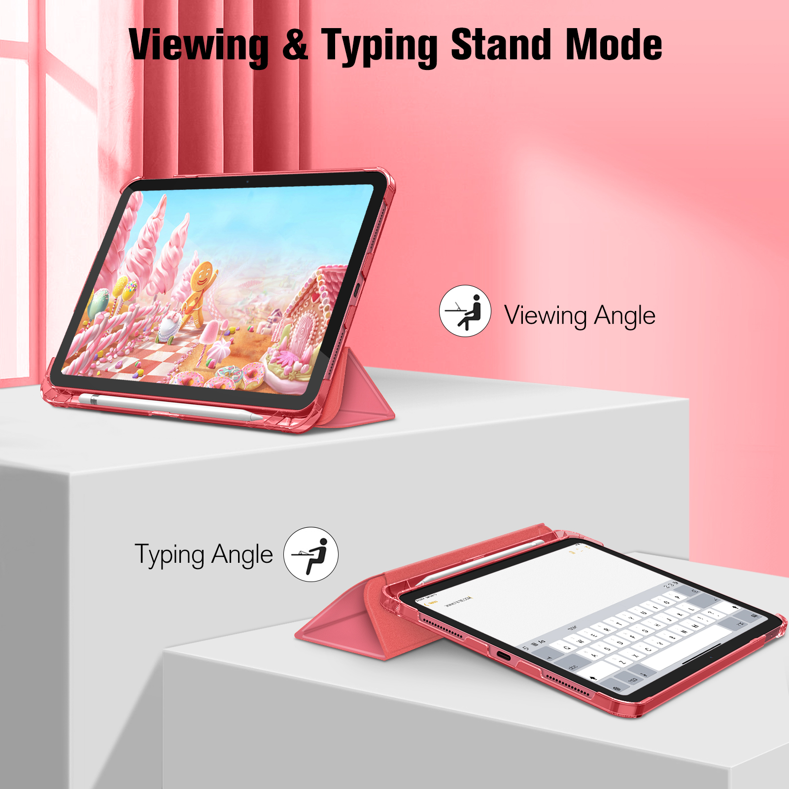 Rosa iPad mit Tastaturhülle im Ansichts- und Tippständer-Modus.