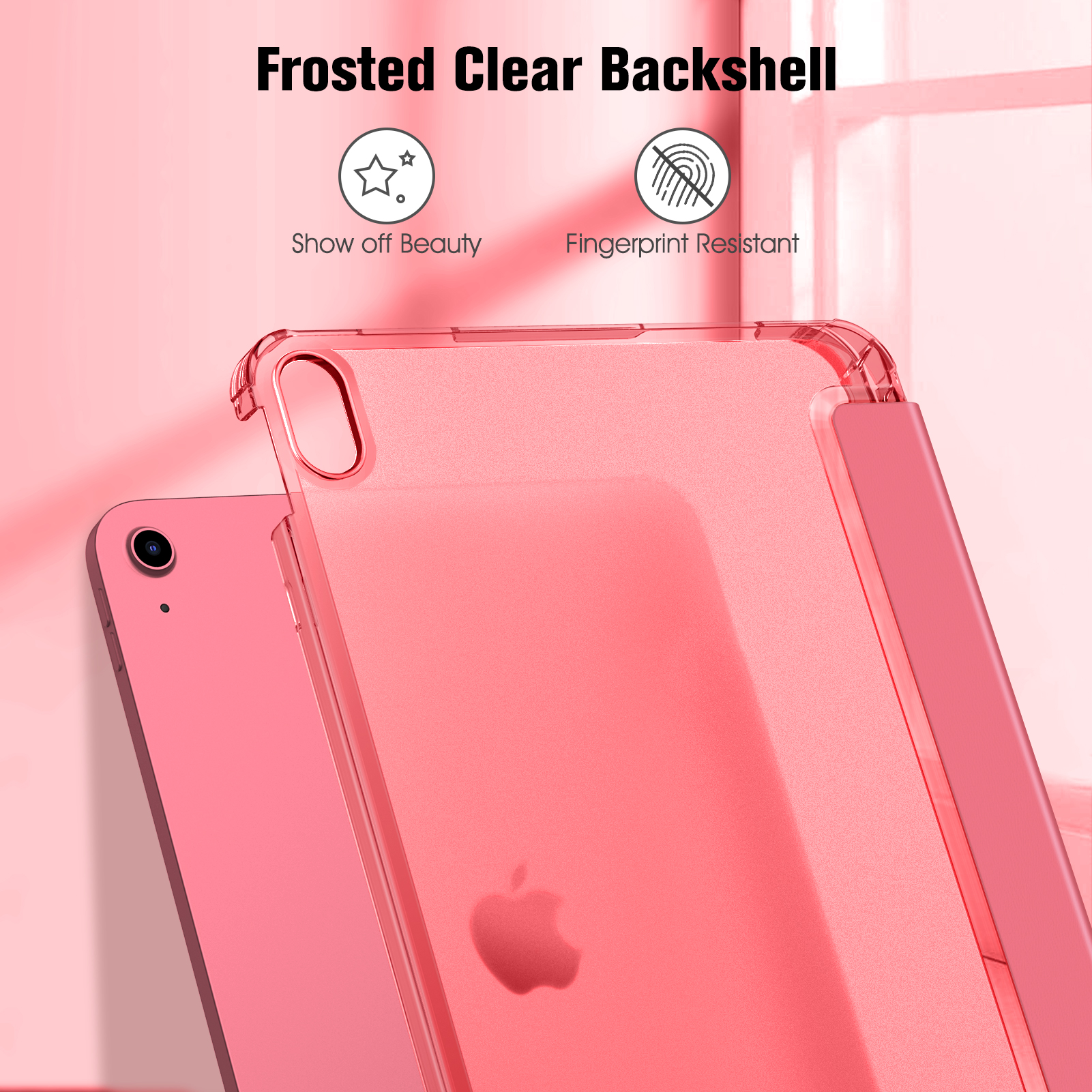 Eine pinke iPad-Hülle mit Apple-Logo und Text über die Funktionen.