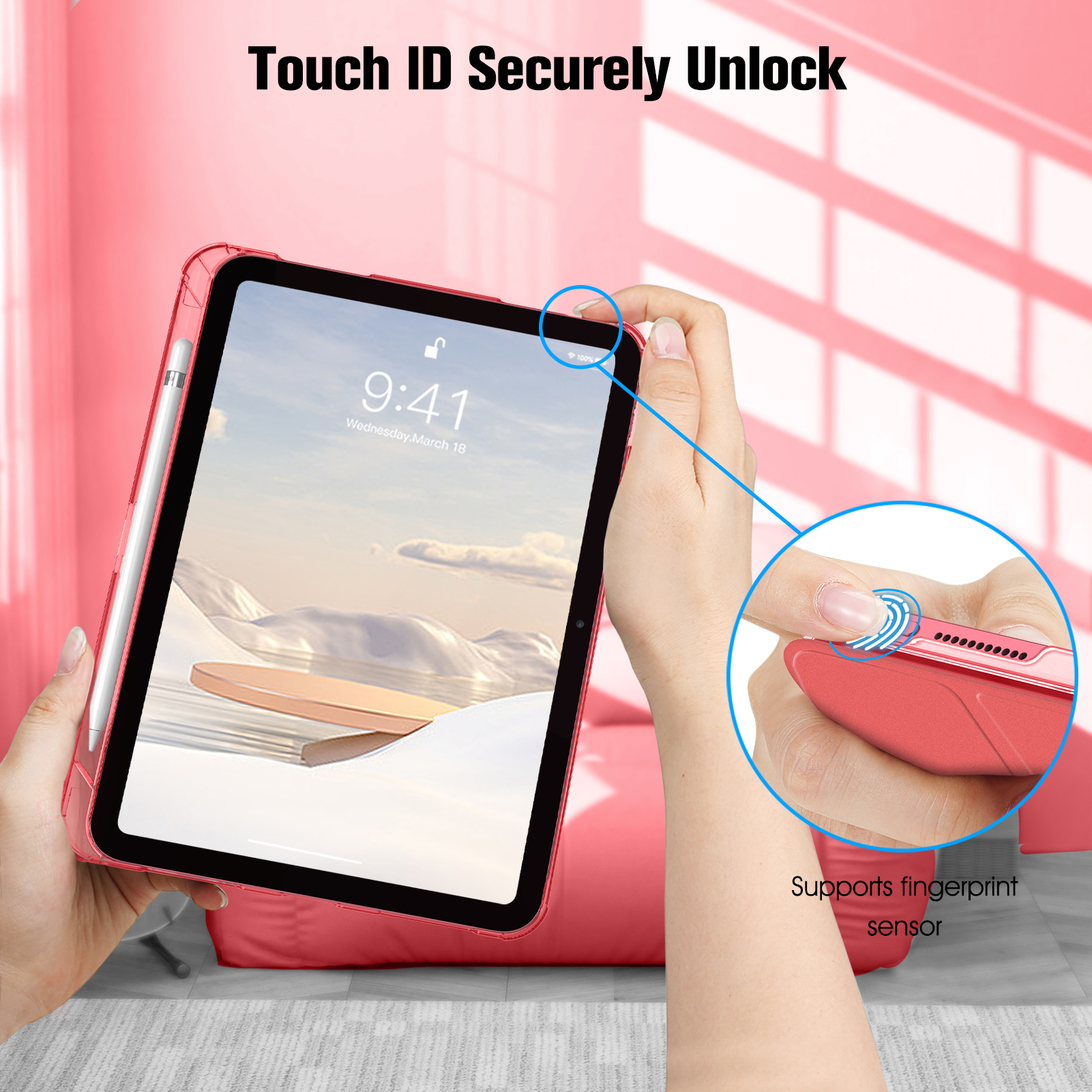 Die Hand einer Person legt einen Finger auf den Fingerabdrucksensor eines Tablets, rosa Hintergrund.