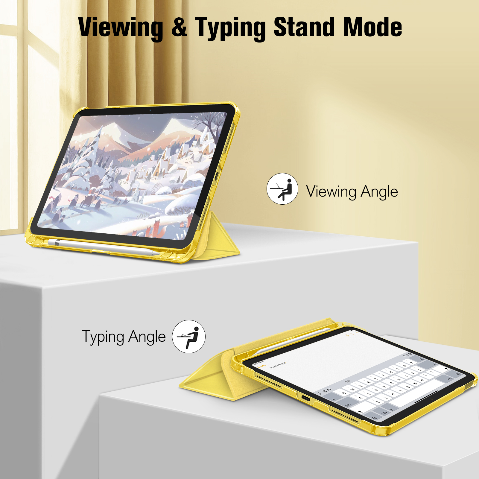 Gelbe Tablet-Hülle mit Tablet im Ansichts- und Tippmodus, mit Textbeschriftungen und Symbolen.