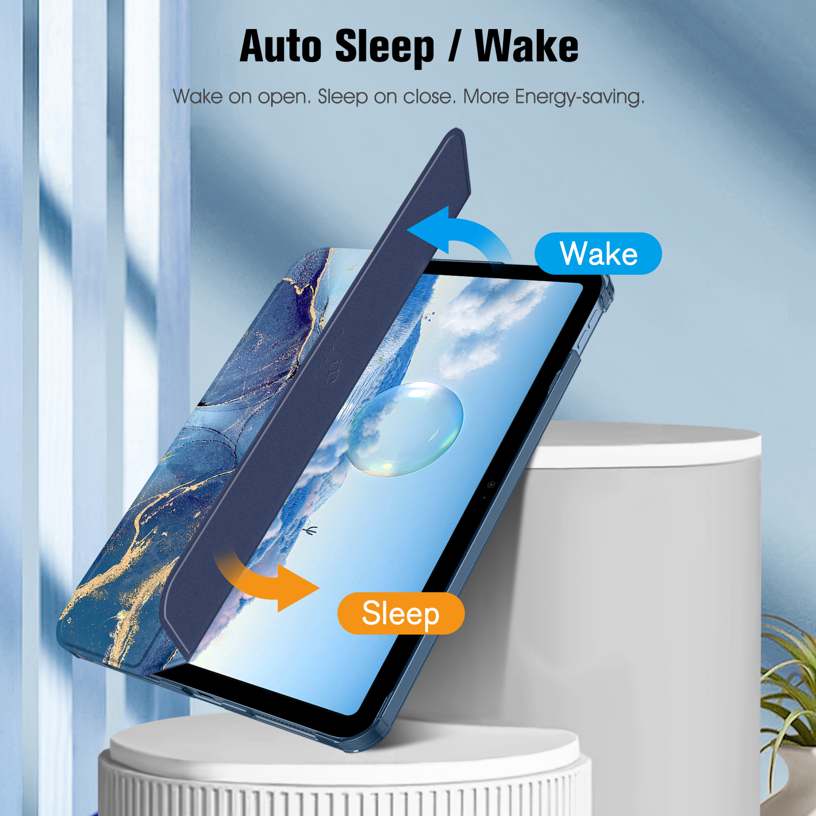 Tablet-Hülle mit goldfarbenem Muster, mit 'Wake' und 'Sleep' Funktionen mit Pfeilen.