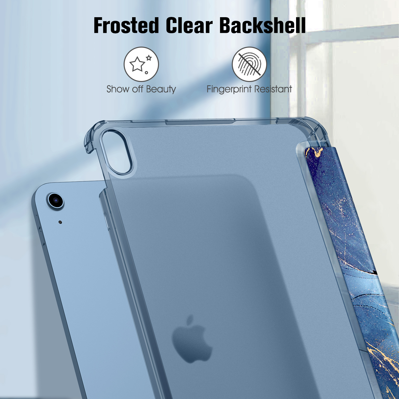 Blaues iPad in einer durchsichtigen, mattierten Rückschale. Text erwähnt 'Show off Beauty' und 'Fingerprint Resistant'.
