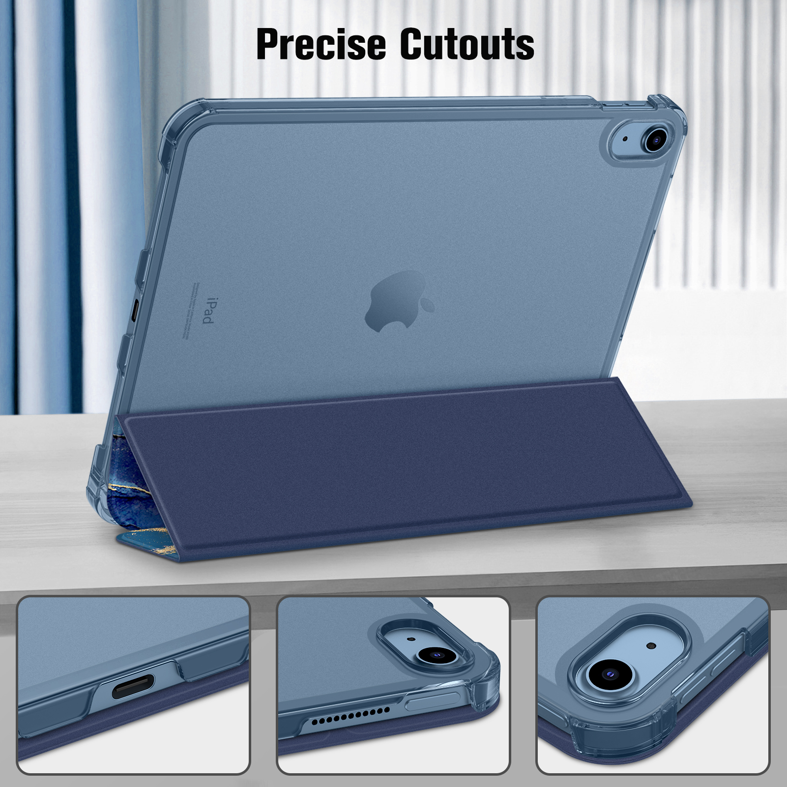 Blaue iPad-Hülle mit präzisen Aussparungen. Drei eingesetzte Bilder mit Ausschnitten und Designdetails.