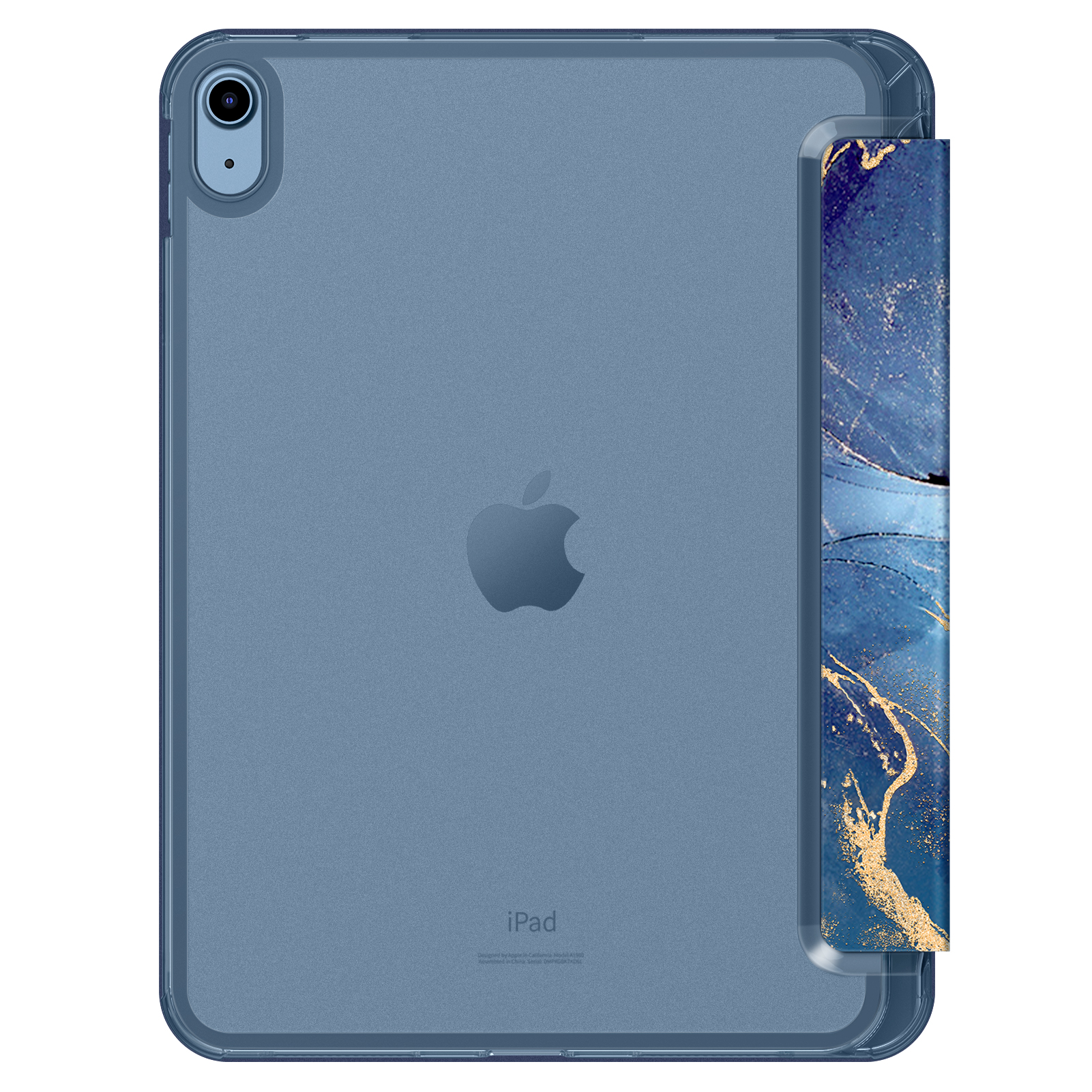Blaues iPad mit durchsichtiger Hülle, Rück- und Seitenansicht. Apple-Logo sichtbar. Die Hülle hat eine Abdeckung.