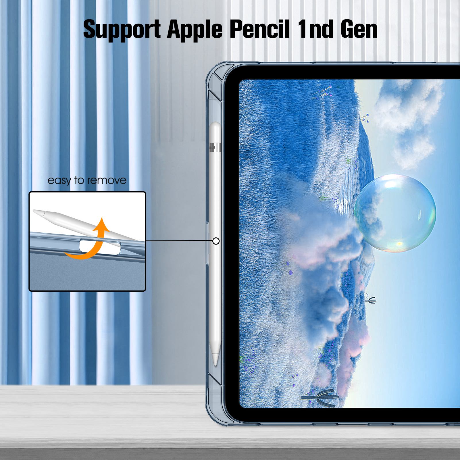 iPad-Hülle mit Stift, Text "Support Apple Pencil 1nd Gen", einfach zu entfernen.