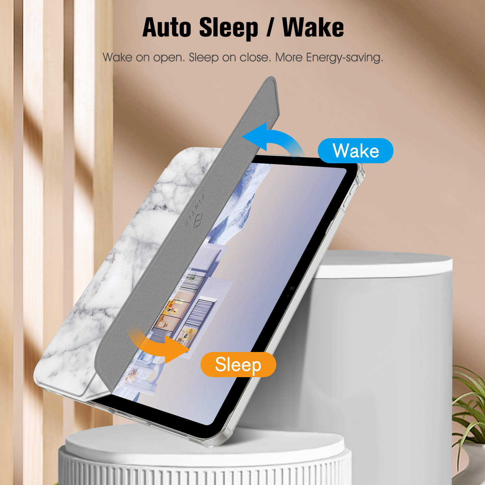 Tablet mit marmoriertem Cover, das sich öffnet und schließt, mit Wake- und Sleep-Etiketten.