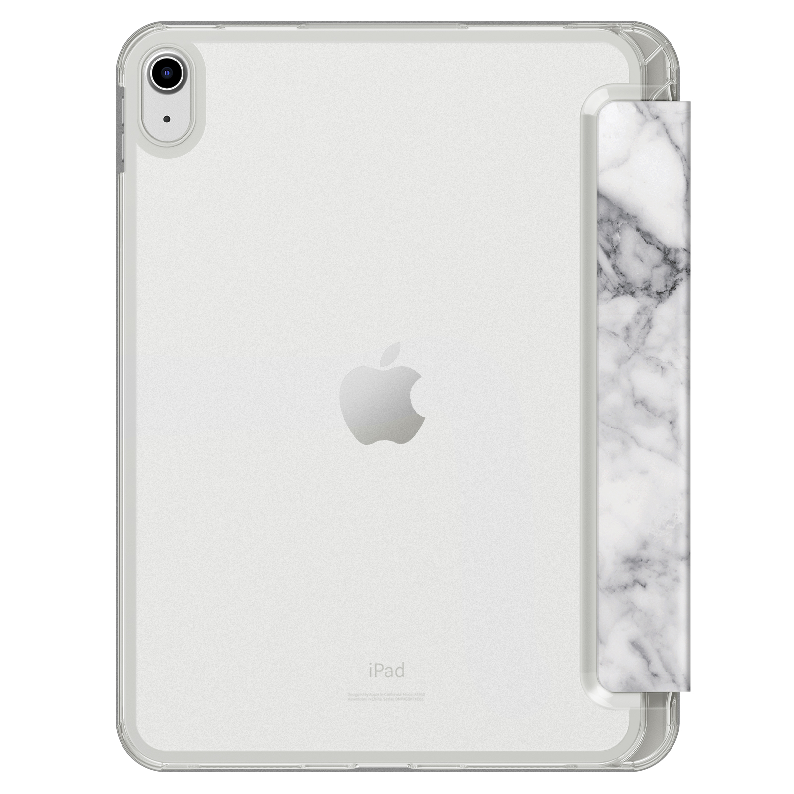 Ein iPad mit Marmormuster-Hülle. Das Apple-Logo ist sichtbar. Der Bildschirm ist an.