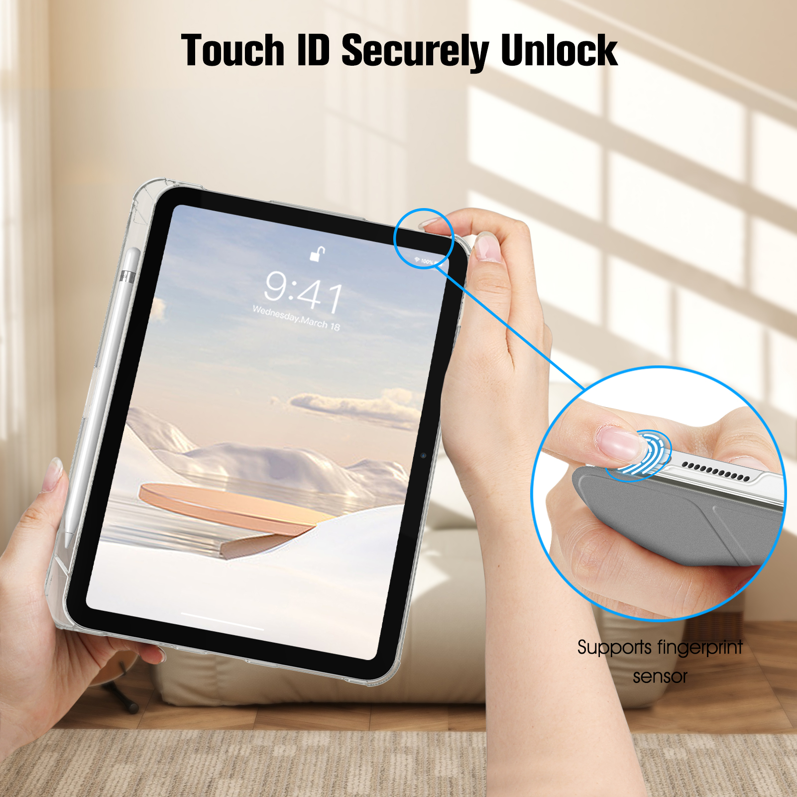 Hände halten Tablet mit Hülle. Nahaufnahme zeigt Fingerabdrucksensor.