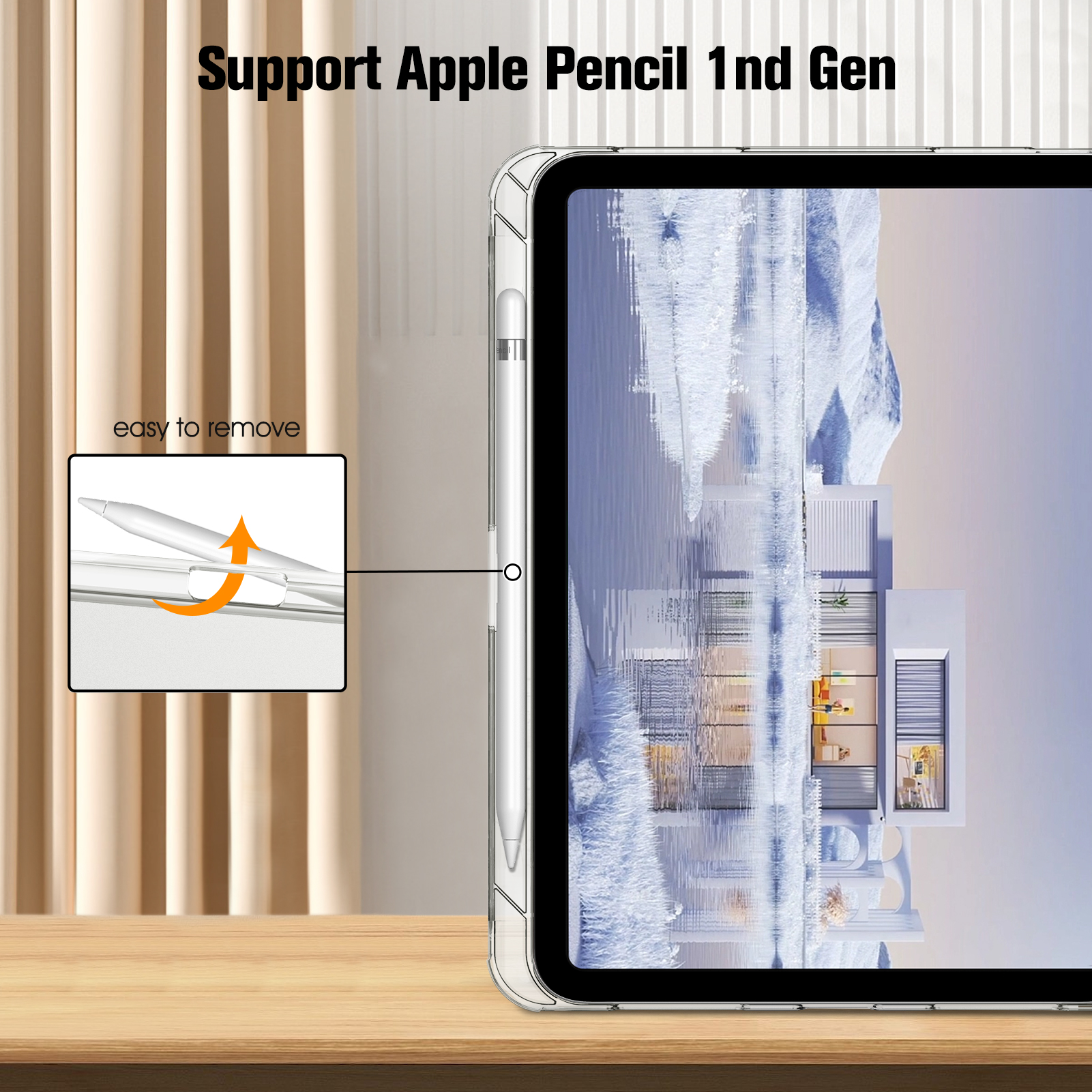 Ein iPad mit Hülle und Apple Pencil, mit leichtem Entfernen.