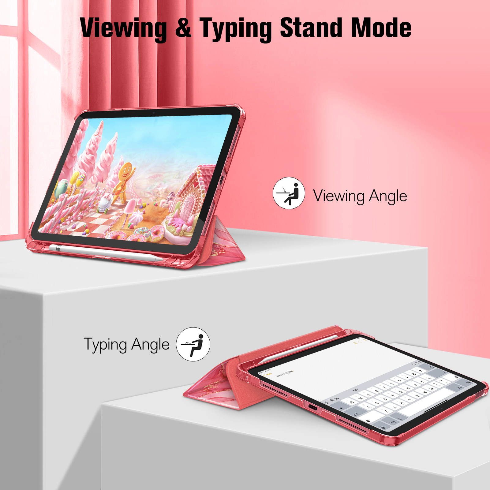 Tablet in einem Ständer mit Tipp- und Betrachtungswinkeln. Text oben beschreibt den Modus.