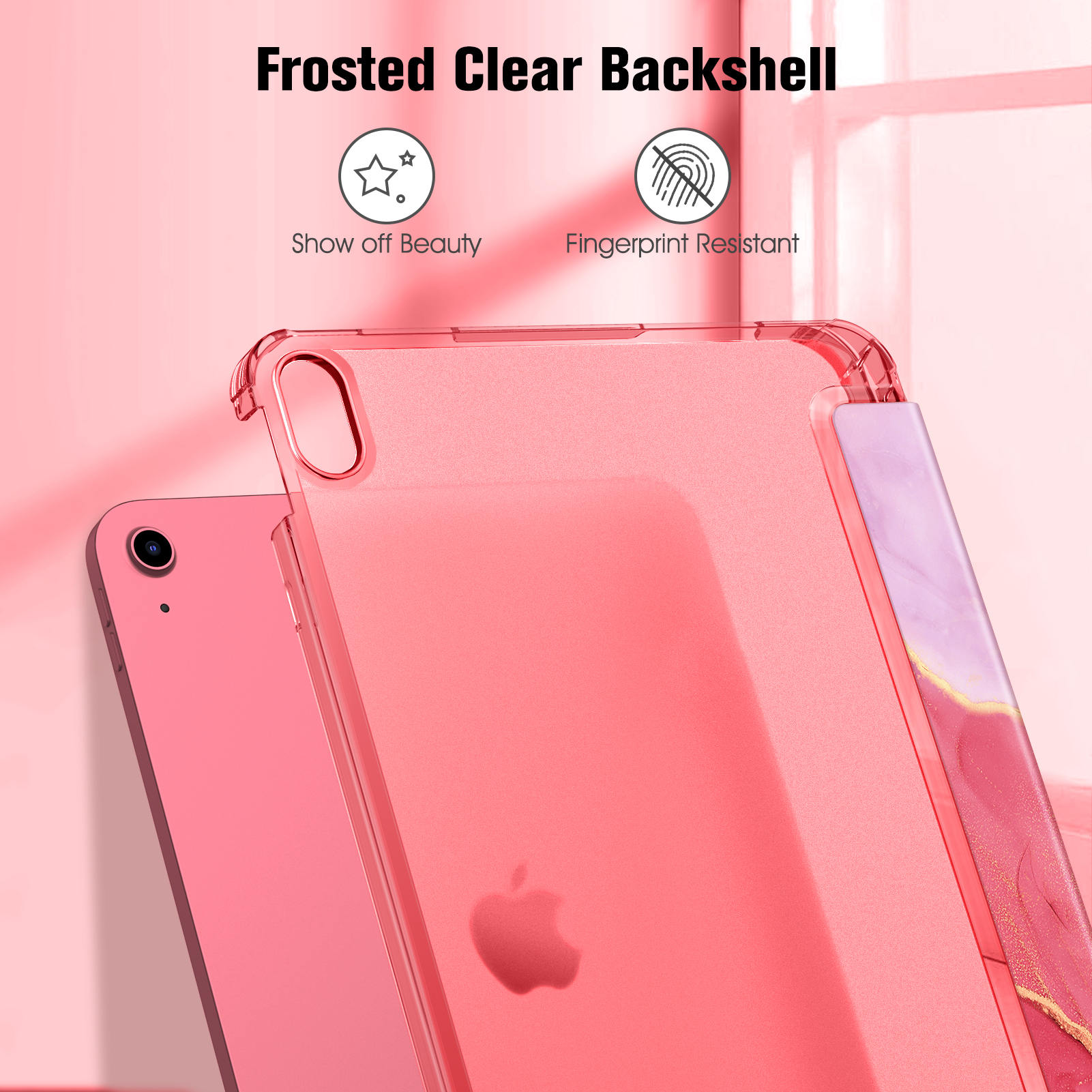 Ein pinkfarbenes Tablet in einer transparenten Hülle. Die Hülle befindet sich auf einem pinkfarbenen Hintergrund.