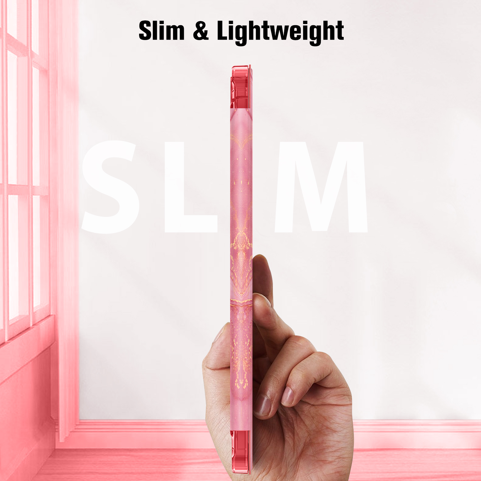 Eine Hand hält eine schlanke, rosa Handyhülle. Text: "Slim & Lightweight" und das Wort "SLIM" im Hintergrund.