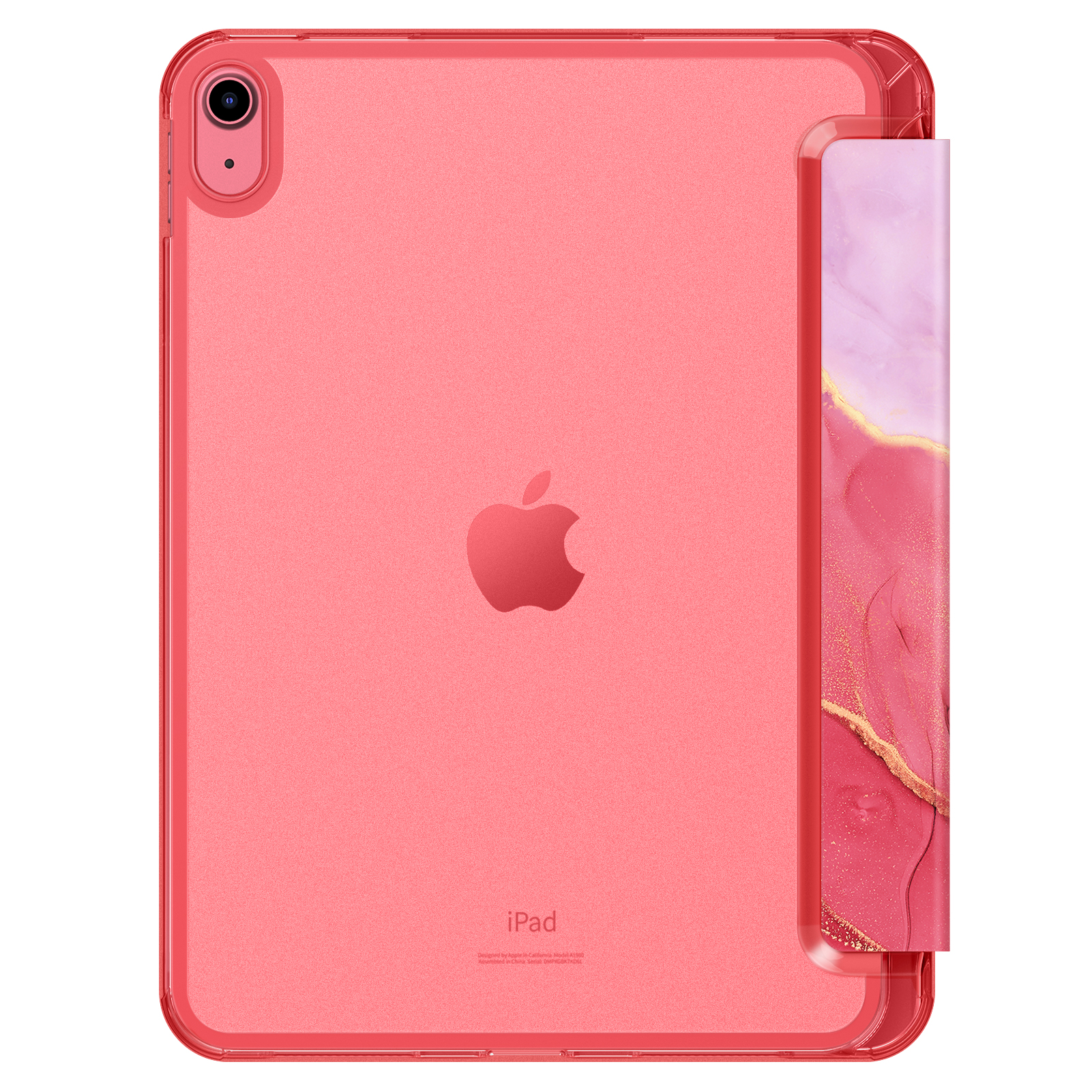 Rosa iPad in einer transparenten Hülle mit rosa Apple-Logo auf der Rückseite.