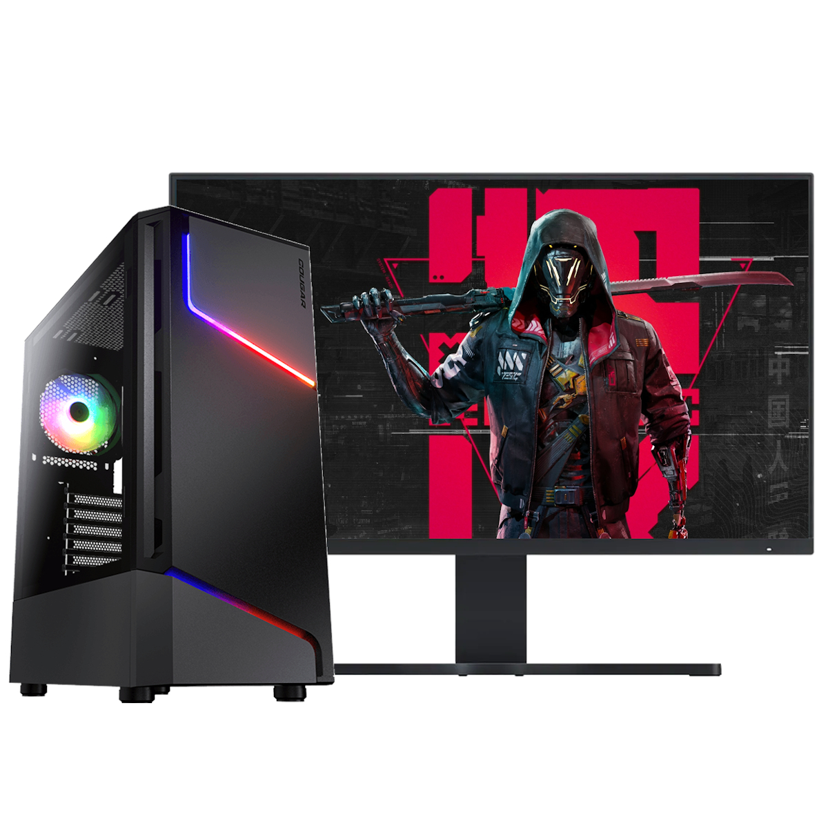 PC gaming, carcasa negra con luces, y un monitor con figura encapuchada sosteniendo katana.