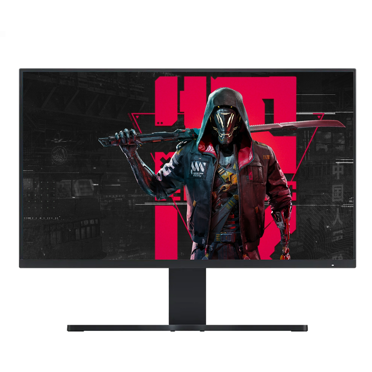 Monitor de juegos que muestra un guerrero futurista sosteniendo una espada. Fondo rojo y negro.