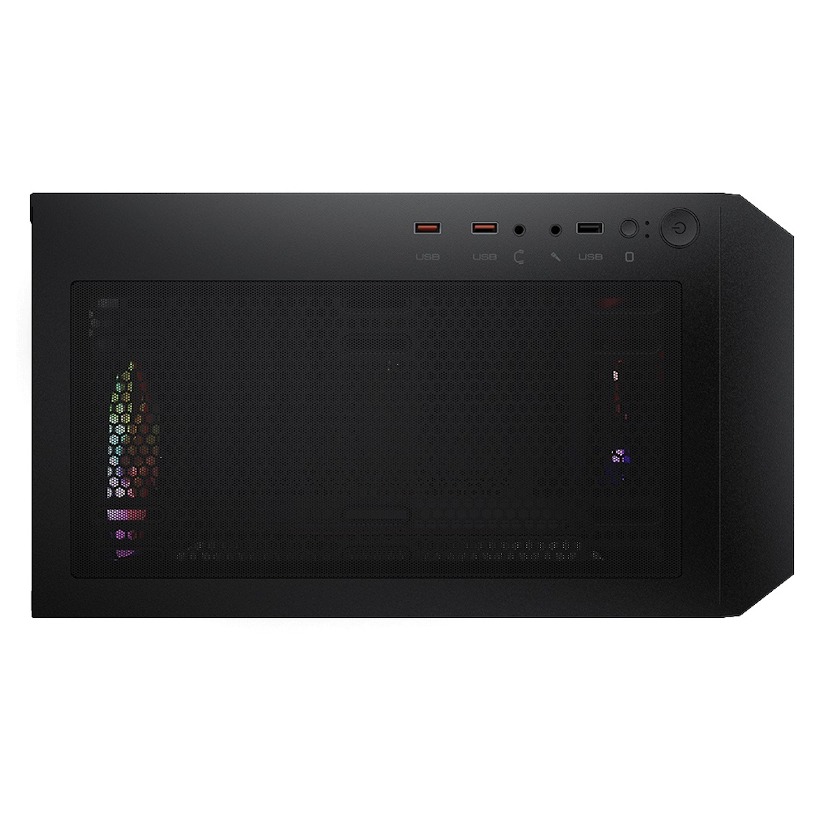 Caja de ordenador negra con frontal de malla y puertos USB.