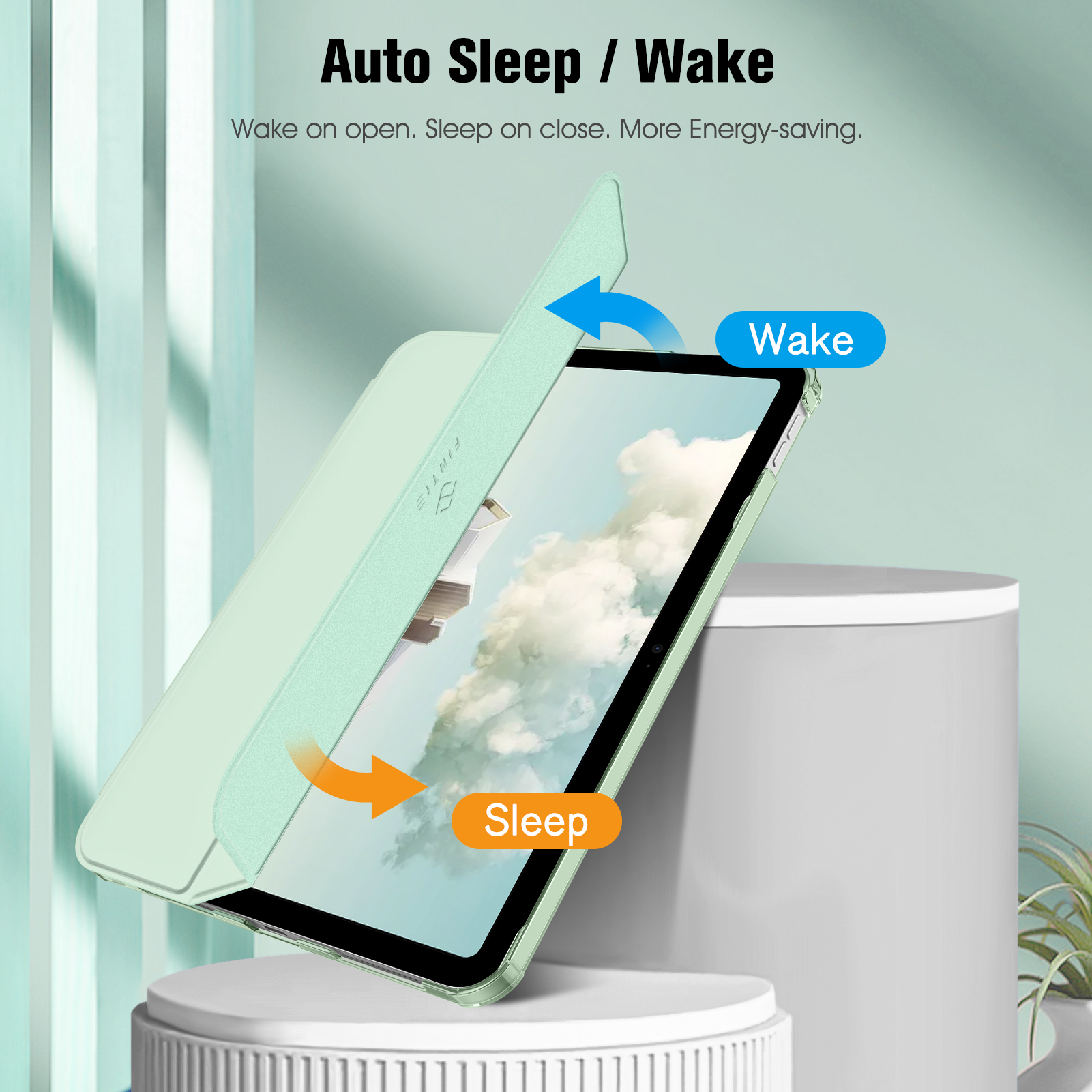 Minzgrüne Tablet-Hülle, offen. Text: Auto Sleep/Wake. Pfeile zeigen Öffnen und Schließen.
