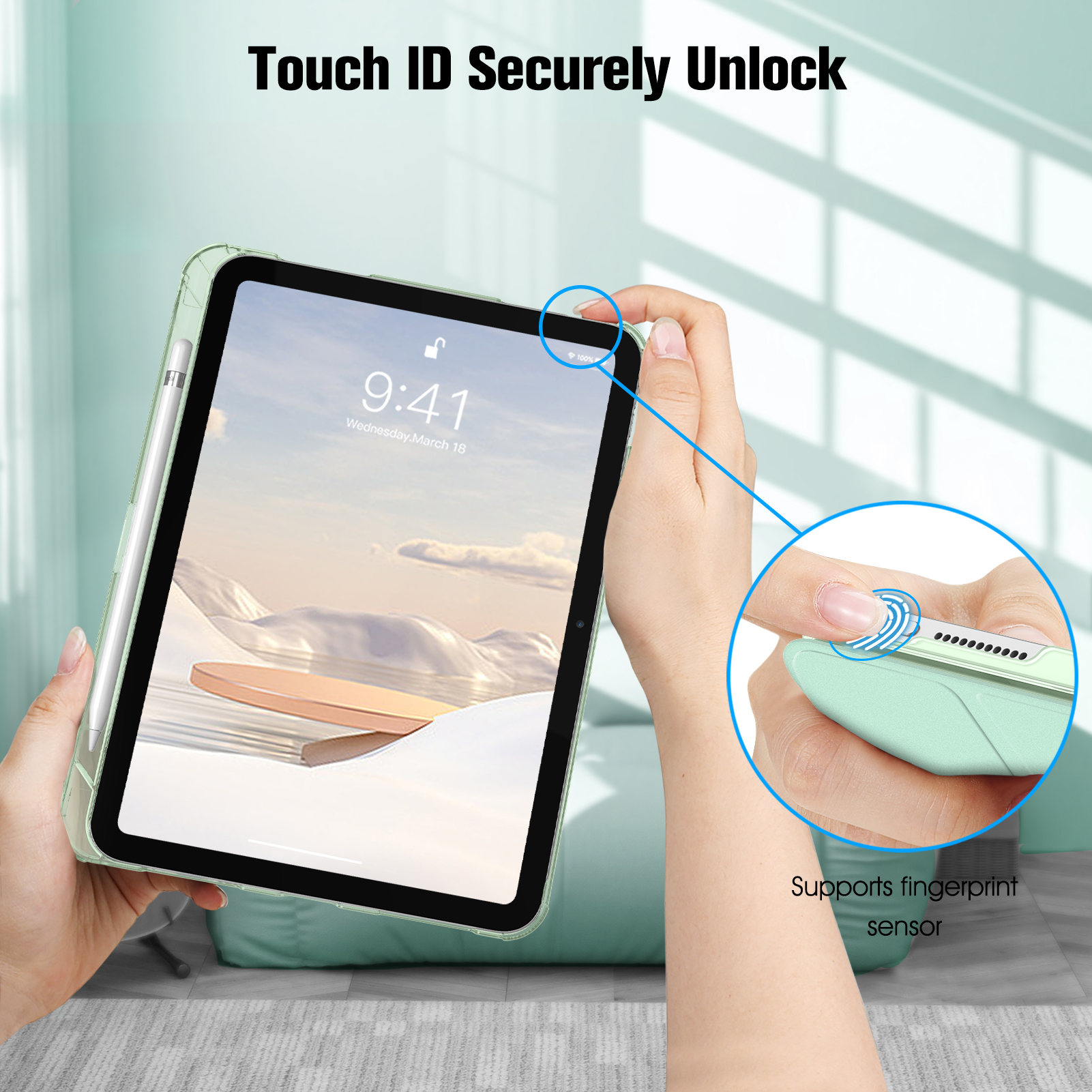 Hände halten ein iPad in grüner Hülle, zeigen Touch ID Entsperren auf grünem Hintergrund.