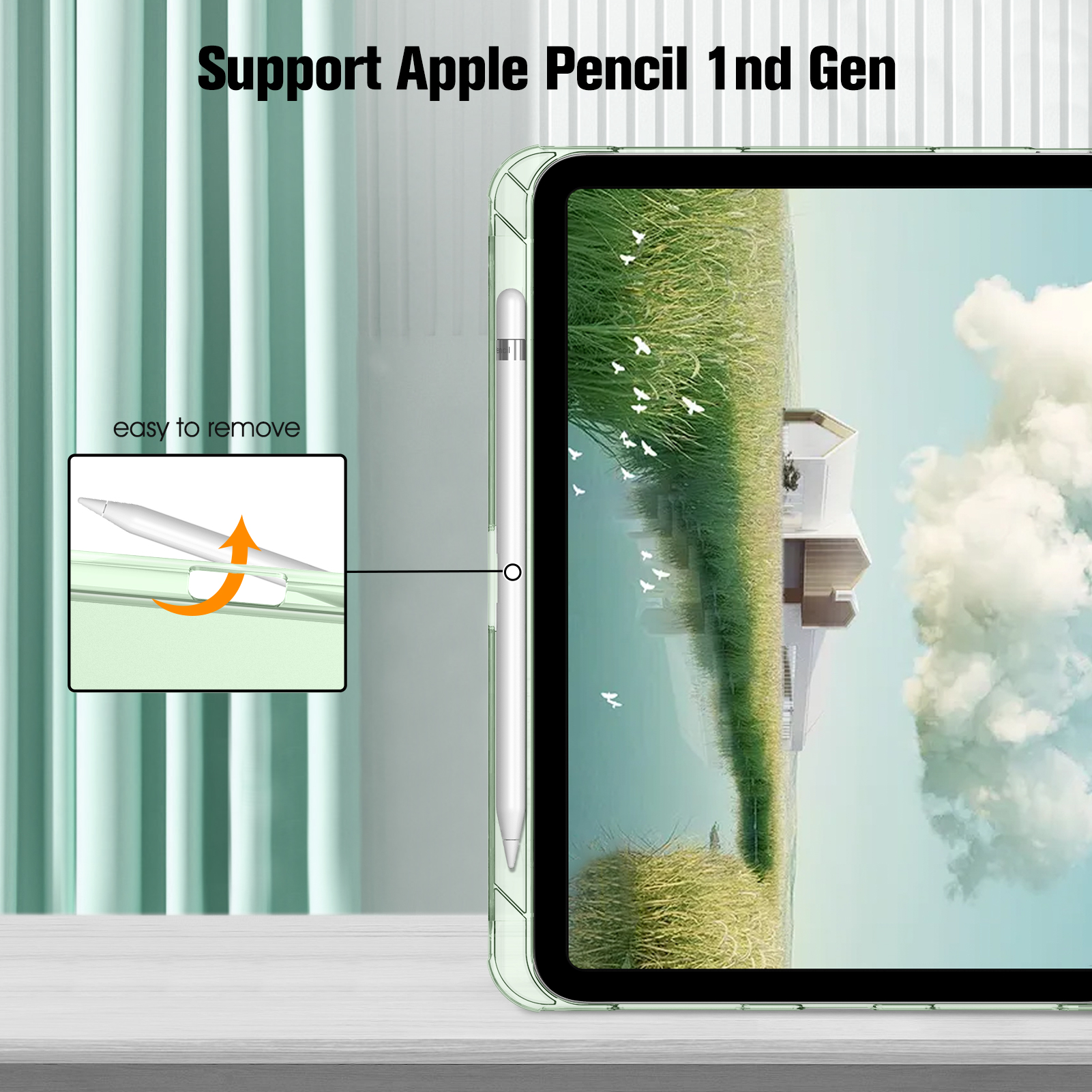 Ein iPad mit Hülle und Stift. Text: Unterstützt Apple Pencil 1nd Gen, einfach zu entfernen.