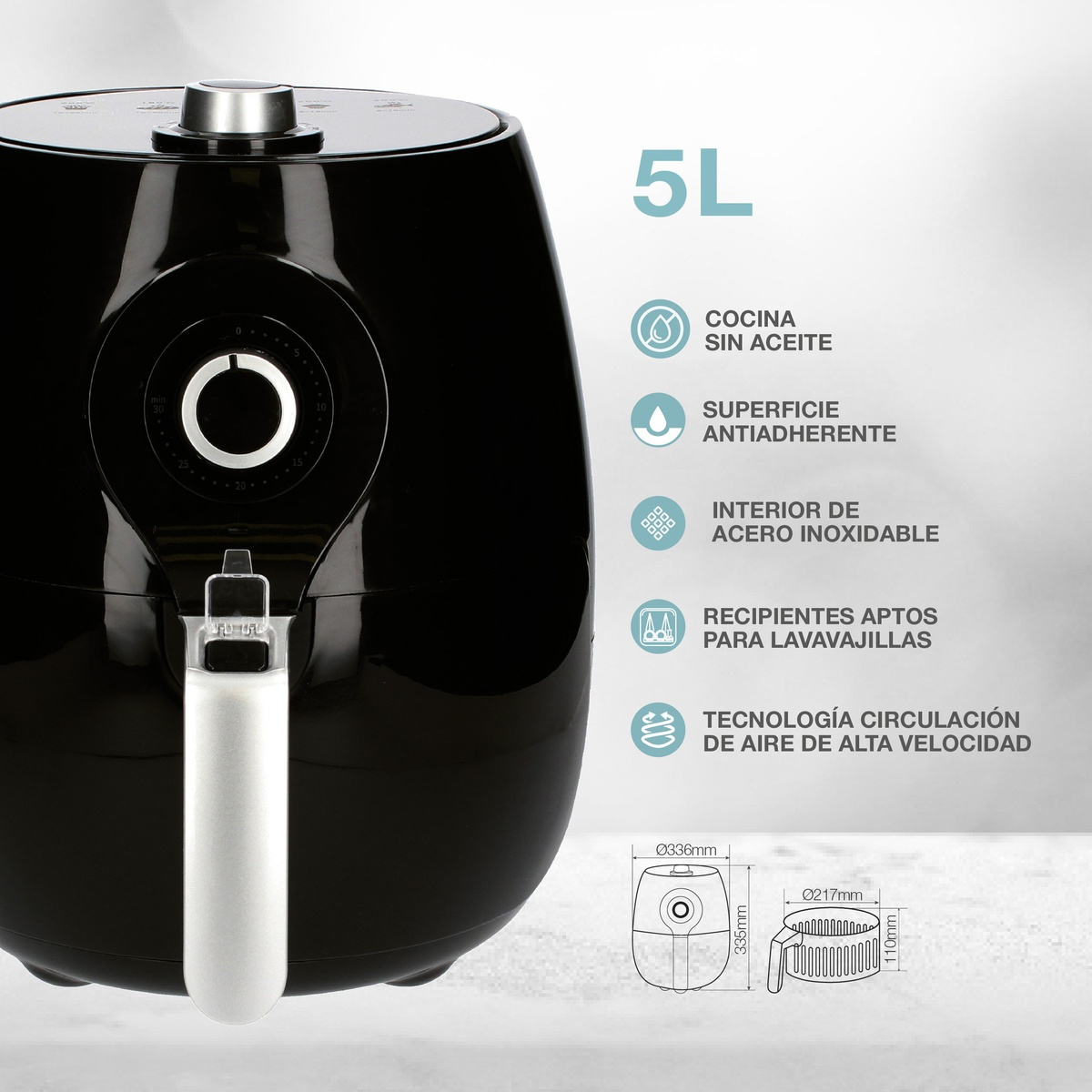 Freidora de aire negra con asa blanca. Etiquetas de texto describen características. 5L capacidad e interior de acero inoxidable.