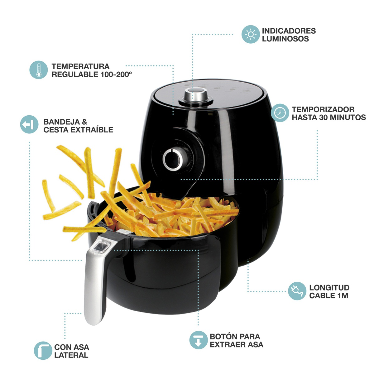 Freidora de aire negra con patatas fritas en una cesta. Incluye control de temperatura, temporizador y cable de 1m.