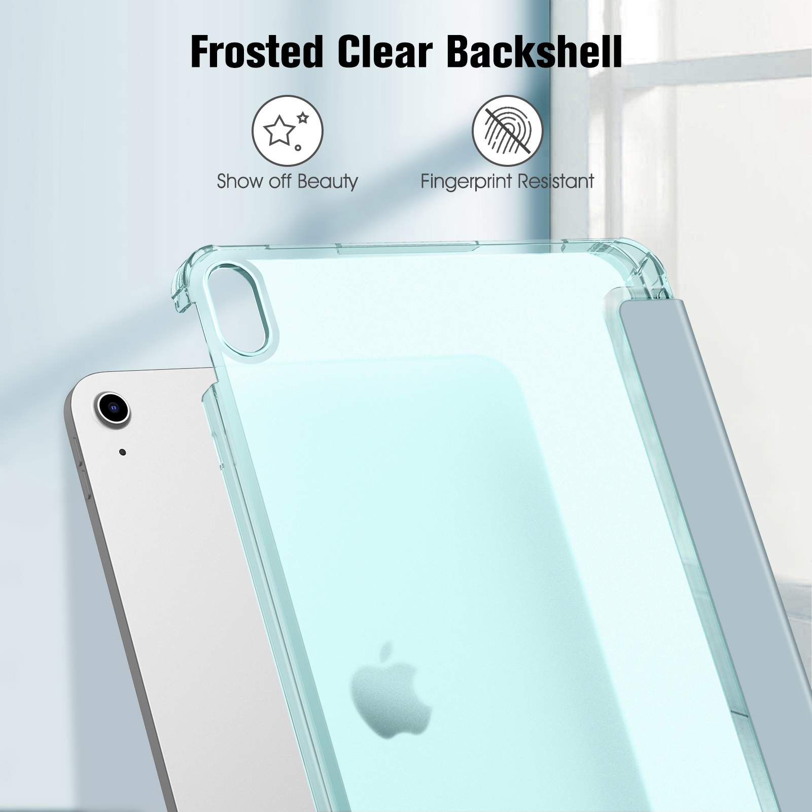 Transparente iPad-Hülle, Apple-Logo, Text: Schönheit zeigen, Fingerabdruckresistent.