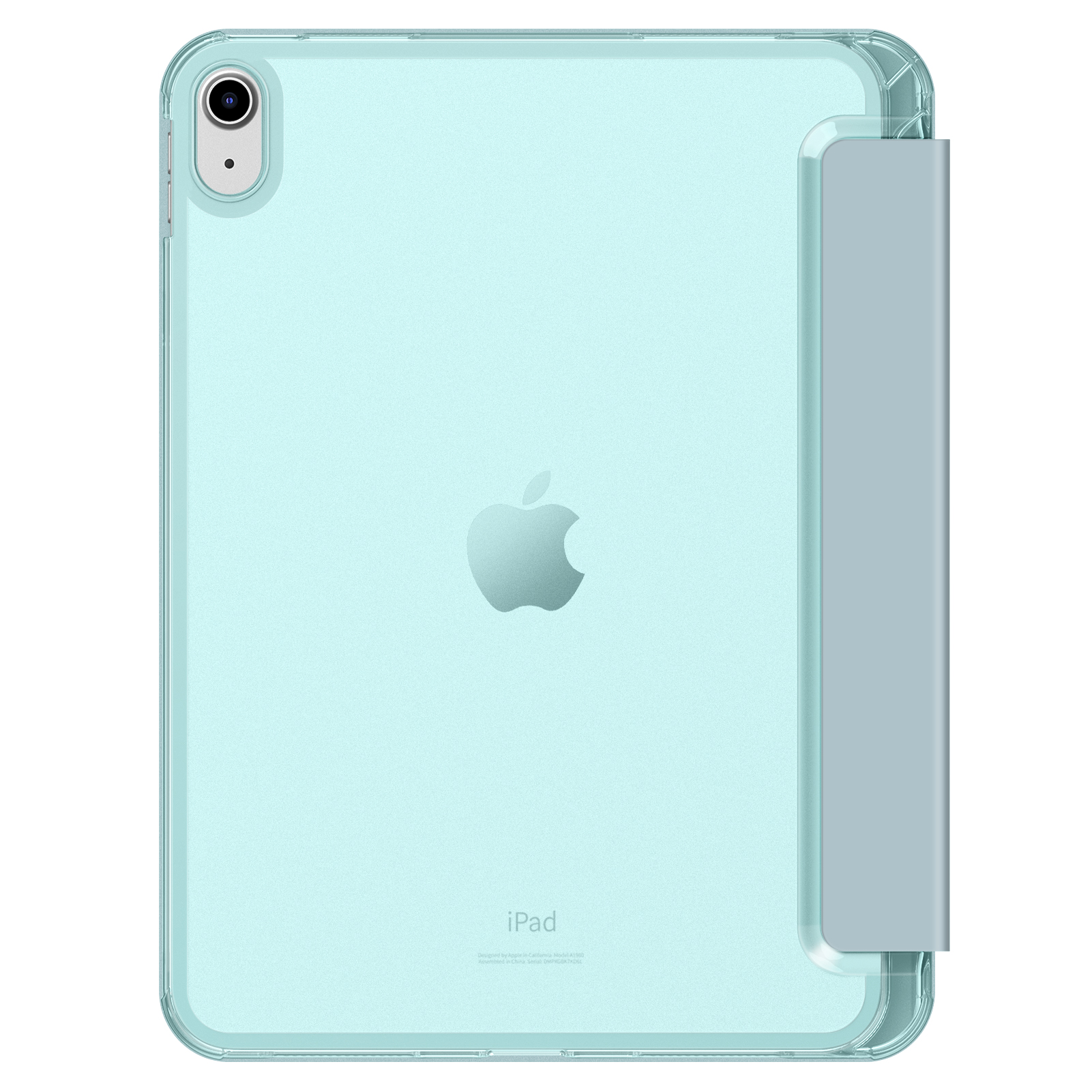 Mintgrünes iPad in transparenter Hülle mit Cover.