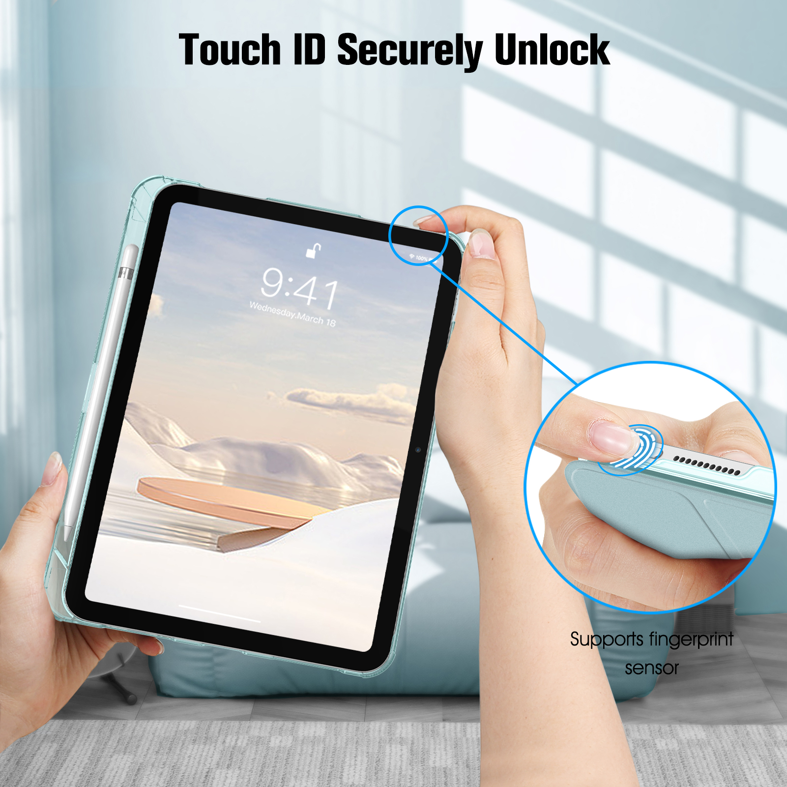 Tablet mit Schutzhülle. Fingerabdrucksensor hervorgehoben. Blauer Hintergrund.