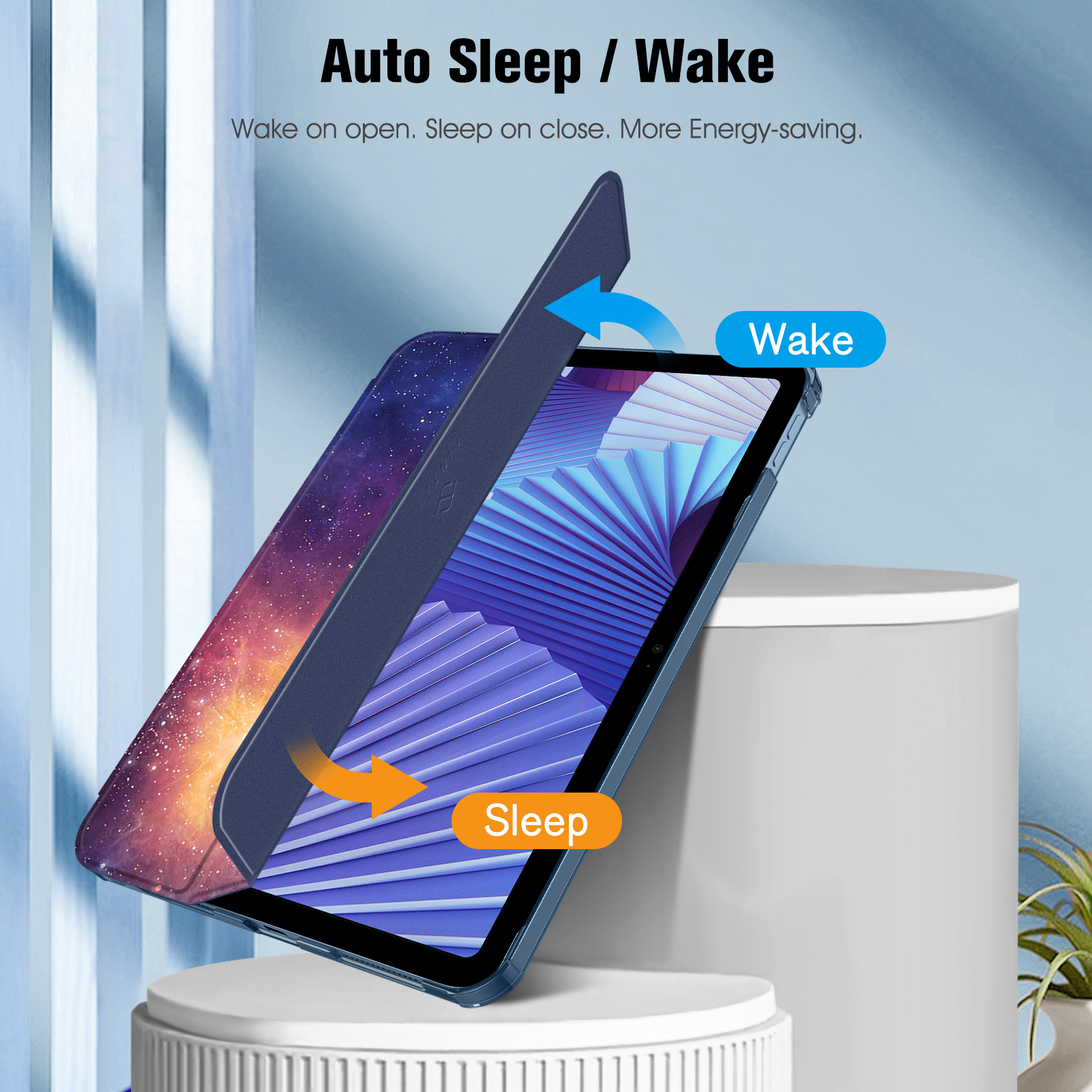Geöffnete Tablethülle, Bildschirm und Cover zeigend. Text: 'Auto Sleep/Wake'. Blaue, orange Pfeile.